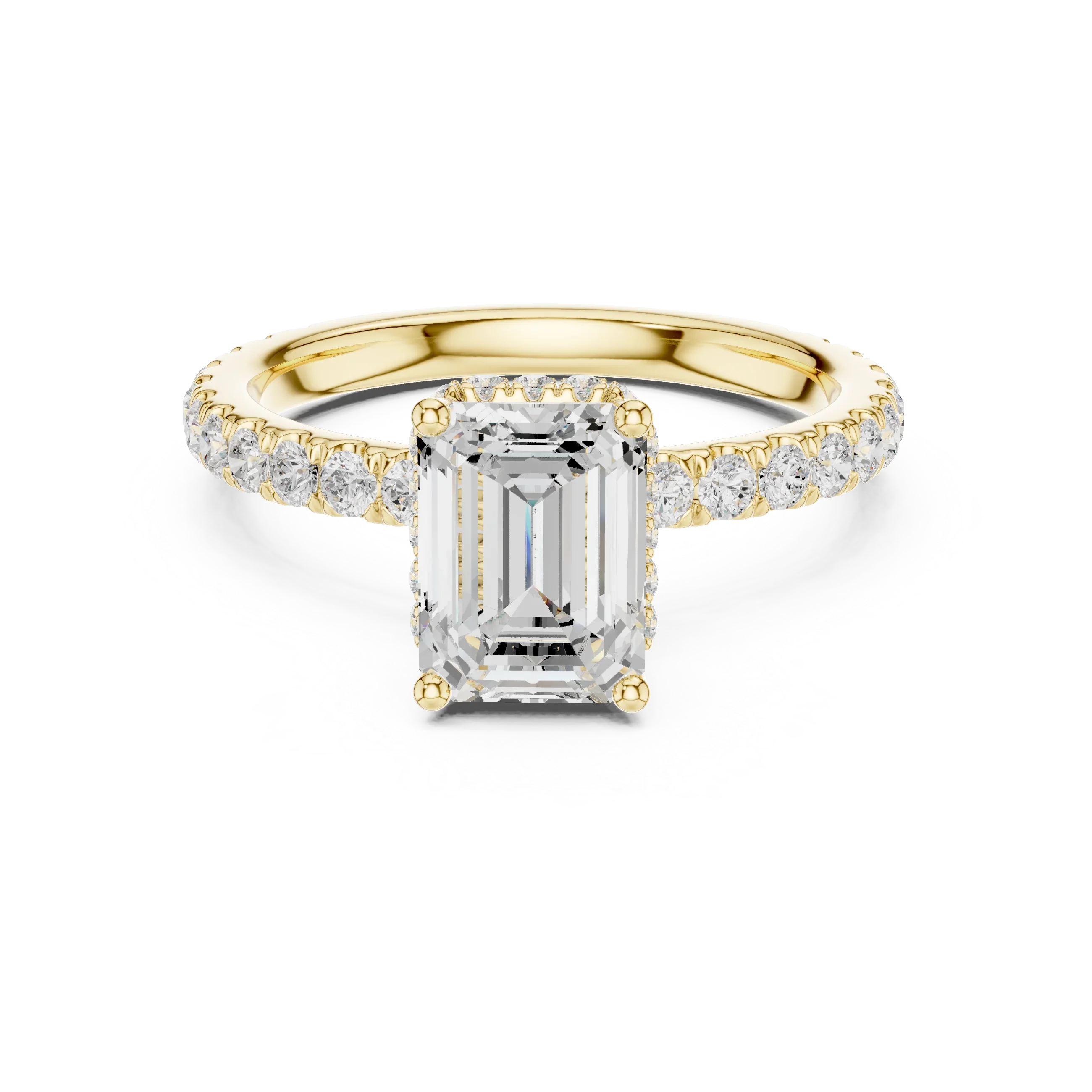 2.17 CT Emerald Cut Lab Grown Hidden Halo Pave Set 14K Gold Engagement Ring