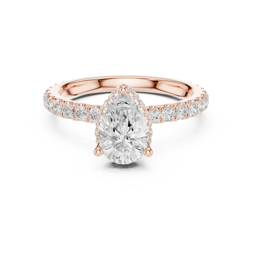 2.17 CT Pear Cut Lab Grown Hidden Halo Pave Set 14K Gold Engagement Ring