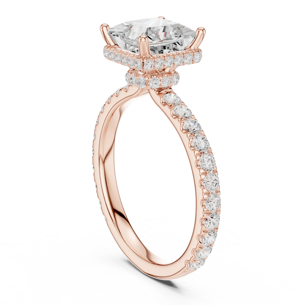 2.17 CT Princess Cut Lab Grown Hidden Halo Pave Set 14K Gold Engagement Ring