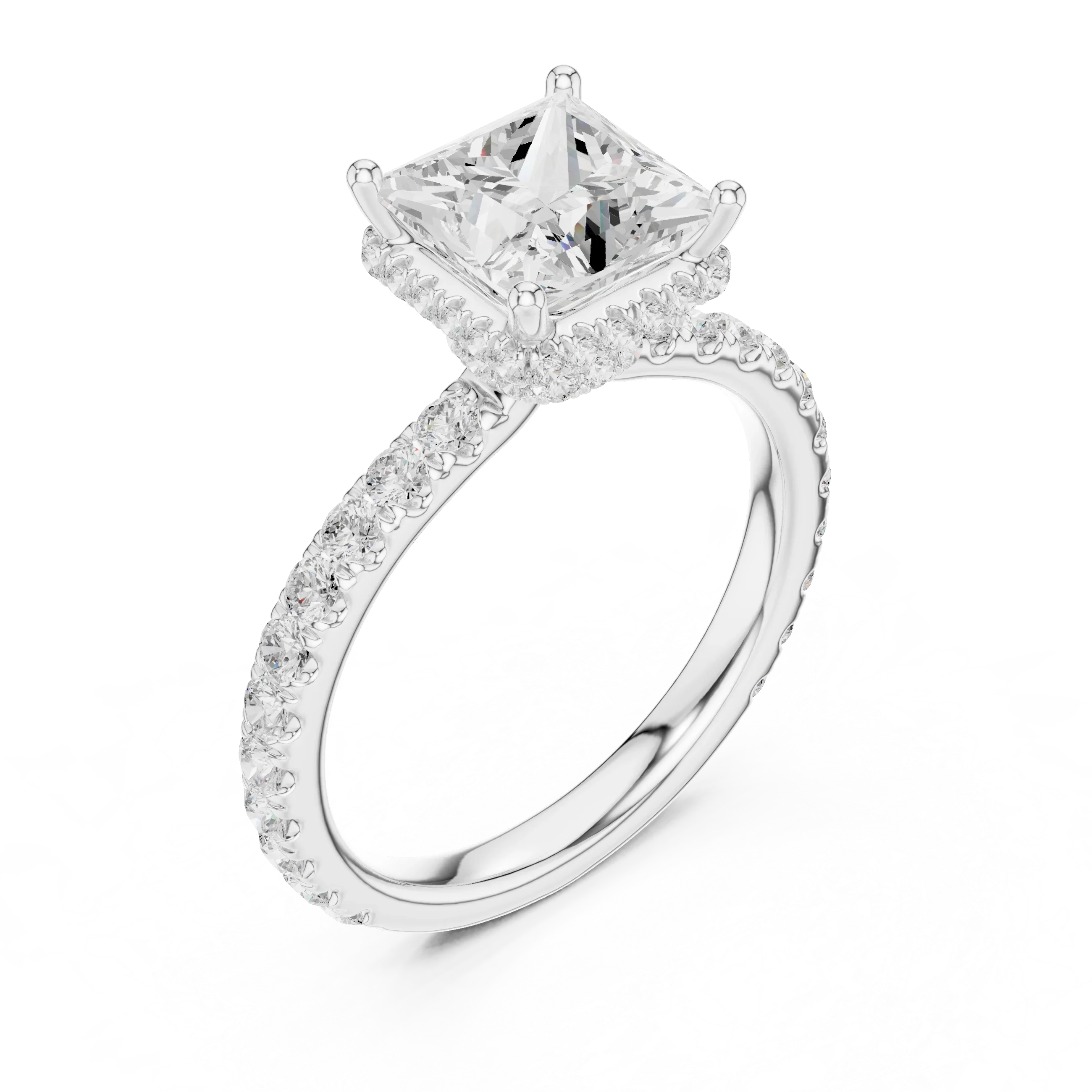 2.17 CT Princess Cut Lab Grown Hidden Halo Pave Set 14K Gold Engagement Ring