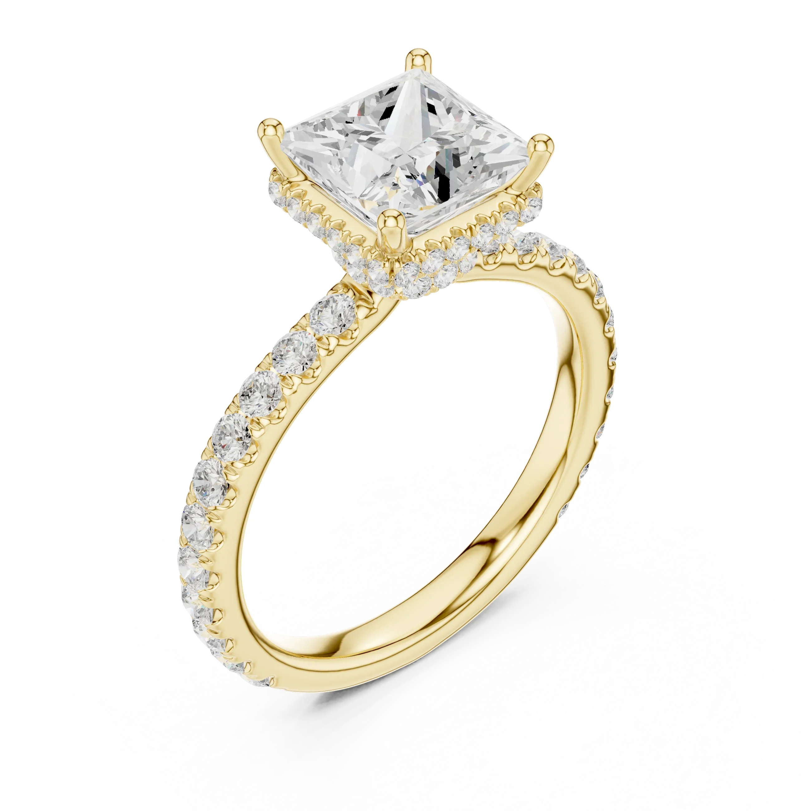 2.17 CT Princess Cut Lab Grown Hidden Halo Pave Set 14K Gold Engagement Ring