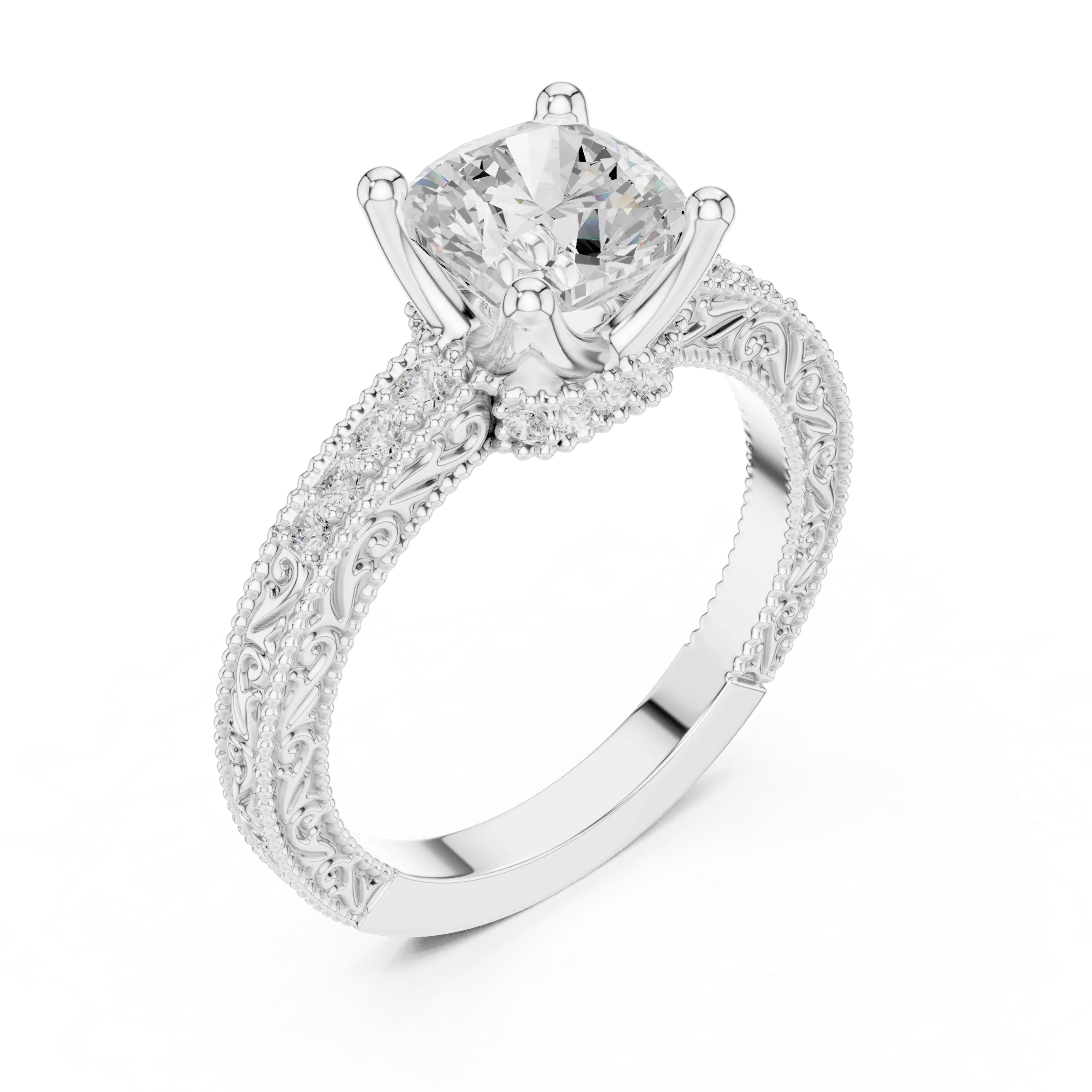 2.22 CTW VVS1 D Color Cushion Cut Vintage Filigree Diamond Engagement Ring