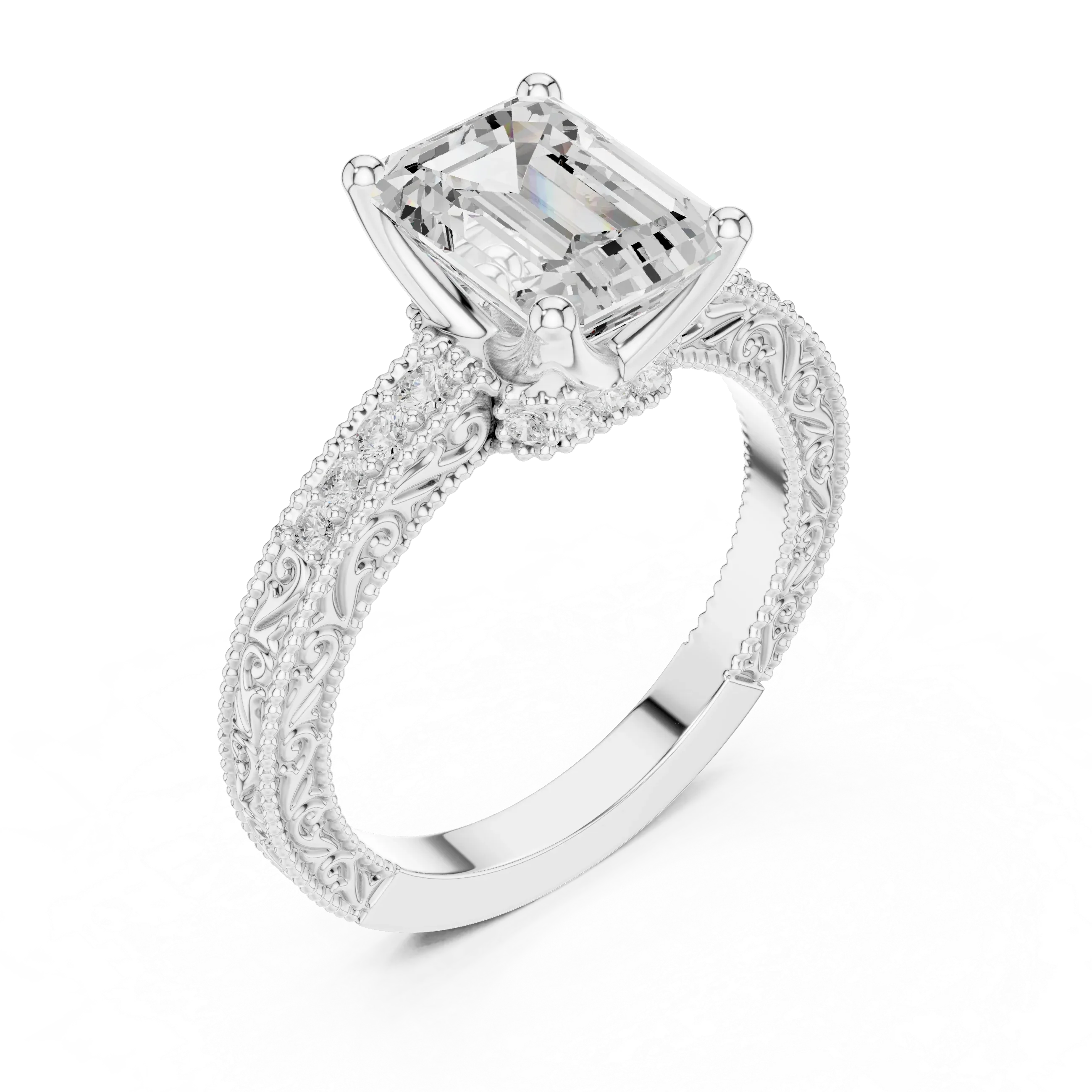 2.22 CTW VVS1 D Color Emerald Cut Vintage Filigree Diamond Engagement Ring