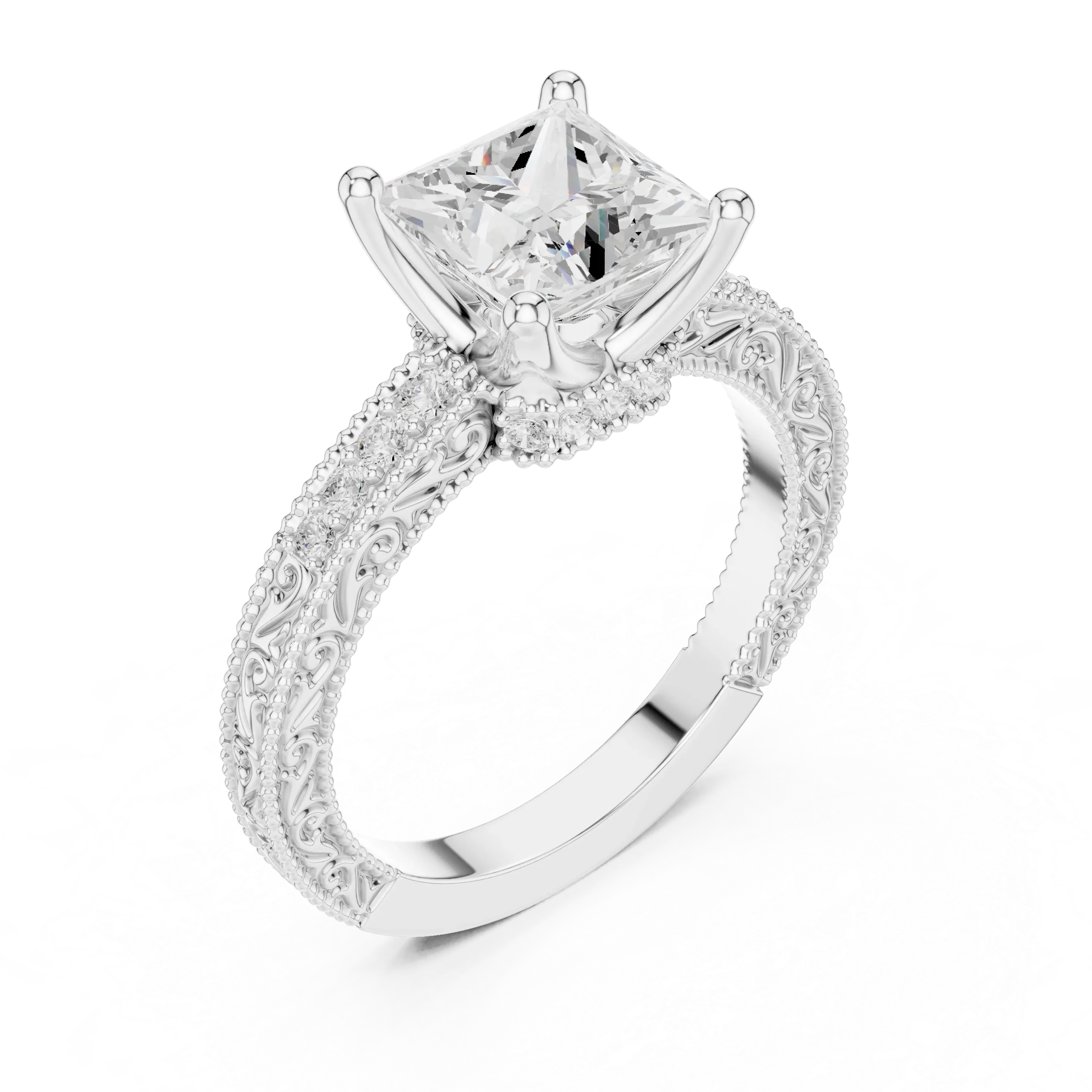 2.22 CTW VVS1 D Color Princess Cut Vintage Filigree Diamond Engagement Ring