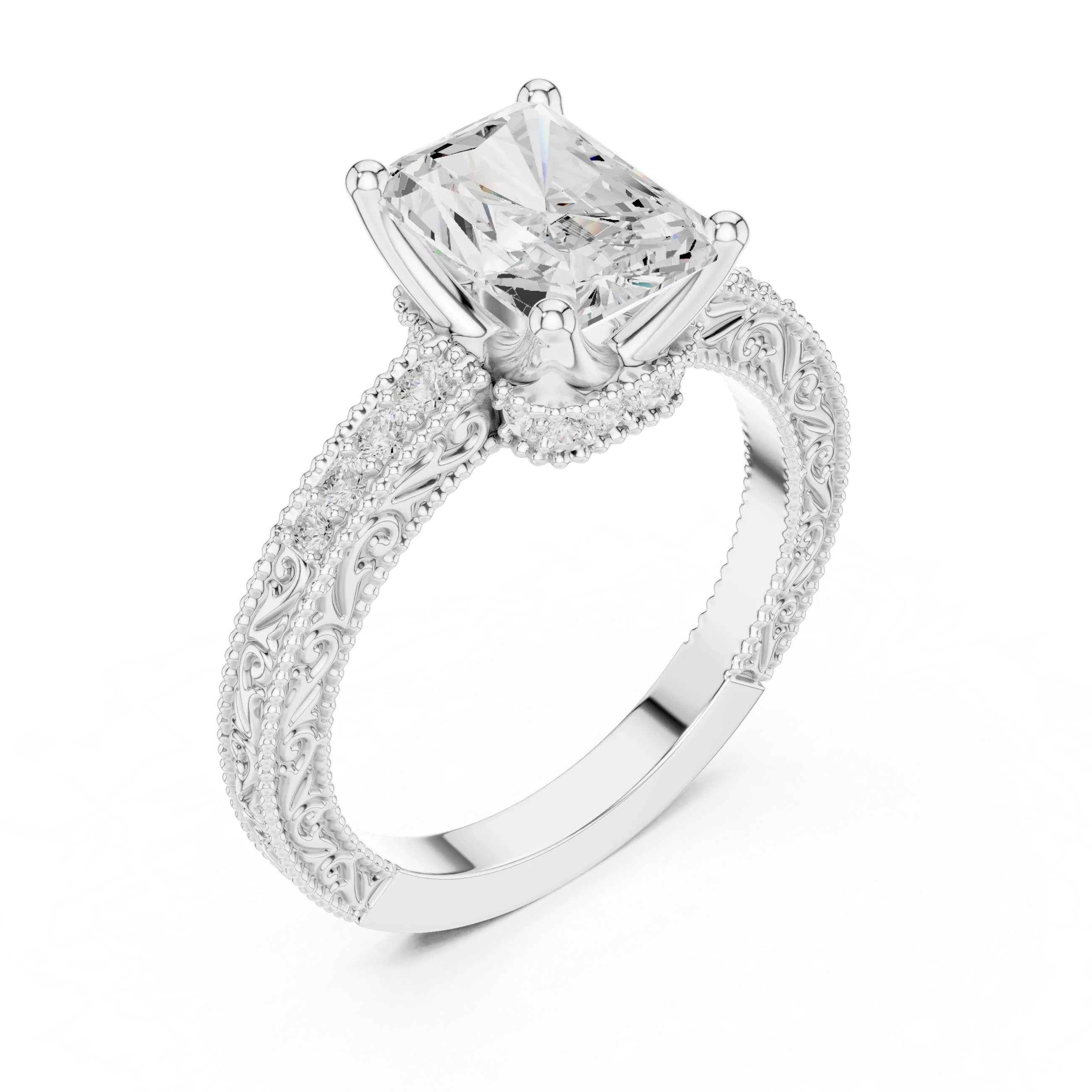 2.22 CTW VVS1 D Color Radient Cut Vintage Filigree Diamond Engagement Ring