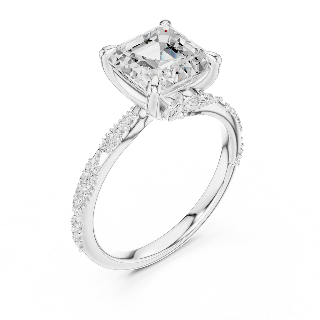 2.93 CTW Asscher Cut Diamond Hidden Halo Twisted Pavé Engagement Ring in 14K Yellow Gold