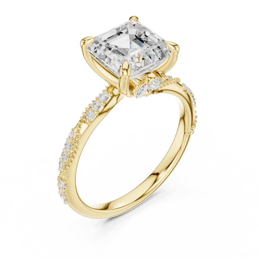 2.93 CTW Asscher Cut Diamond Hidden Halo Twisted Pavé Engagement Ring in 14K Yellow Gold