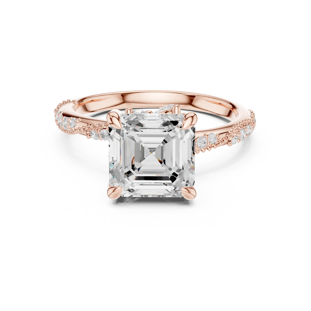 2.93 CTW Asscher Cut Diamond Hidden Halo Twisted Pavé Engagement Ring in 14K Yellow Gold