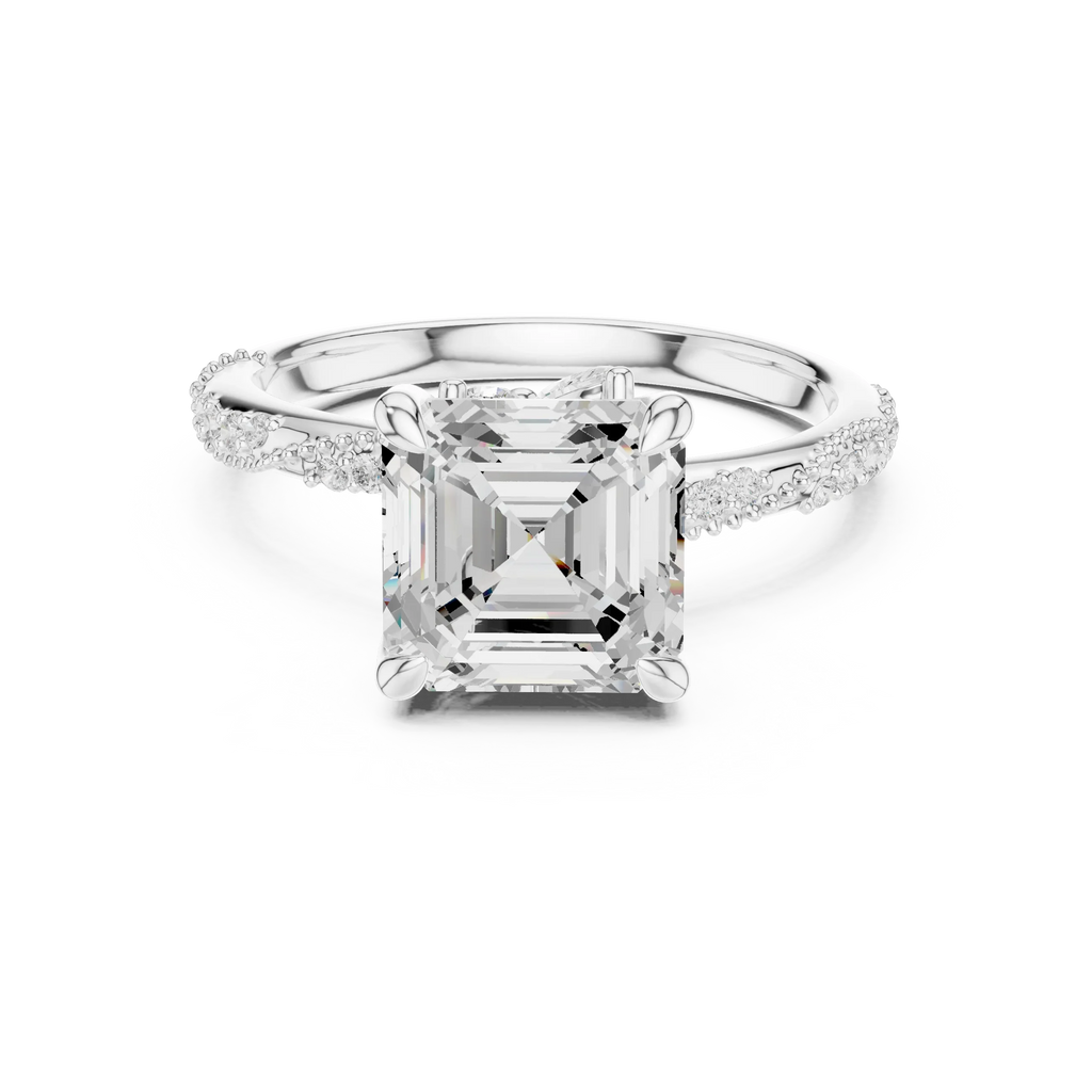 2.93 CTW Asscher Cut Diamond Hidden Halo Twisted Pavé Engagement Ring in 14K Yellow Gold