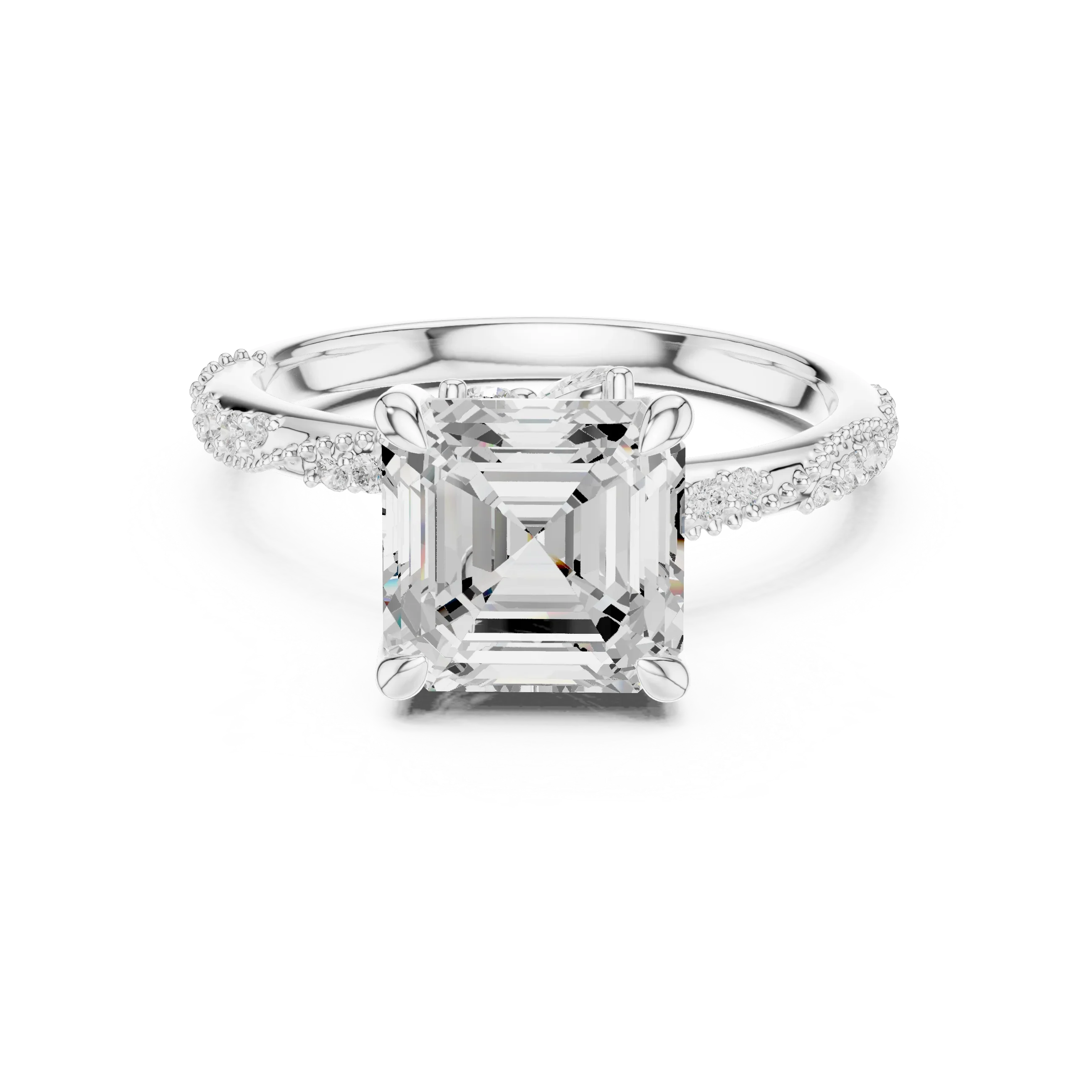 2.93 CTW Asscher Cut Diamond Hidden Halo Twisted Pavé Engagement Ring in 14K Yellow Gold