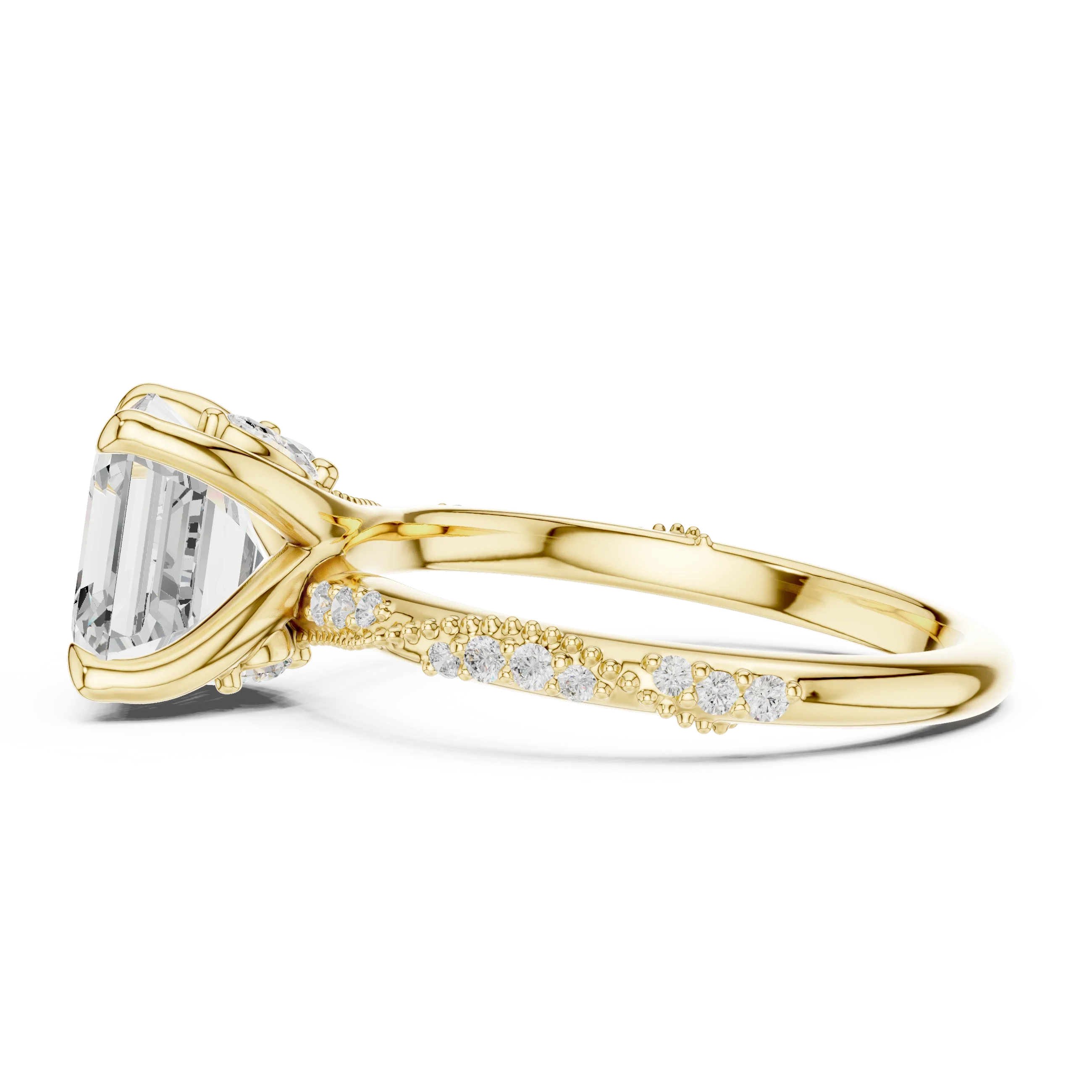 2.93 CTW Asscher Cut Diamond Hidden Halo Twisted Pavé Engagement Ring in 14K Yellow Gold