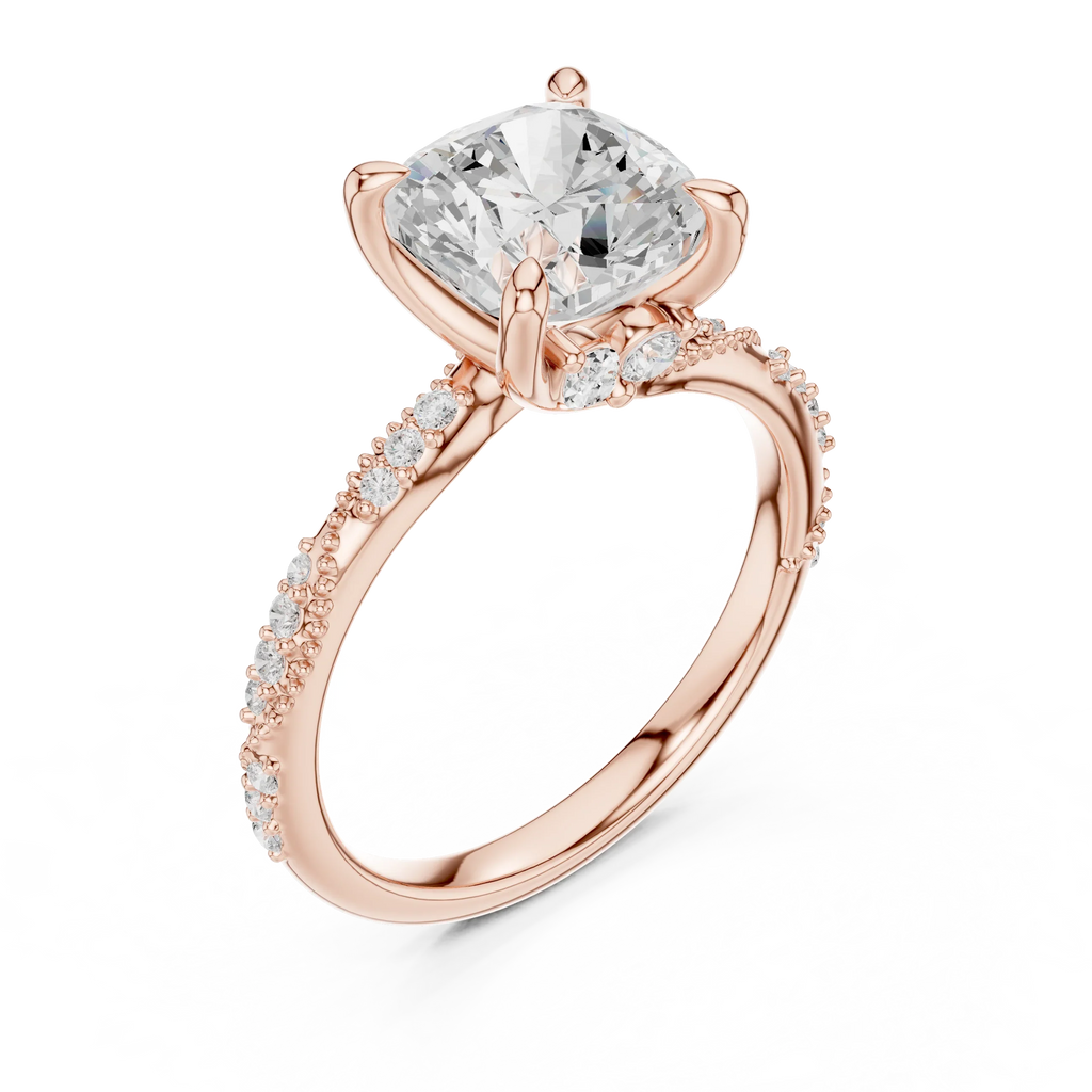 2.93 CTW Cushion Cut Diamond Hidden Halo Twisted Pavé Engagement Ring in 14K Yellow Gold