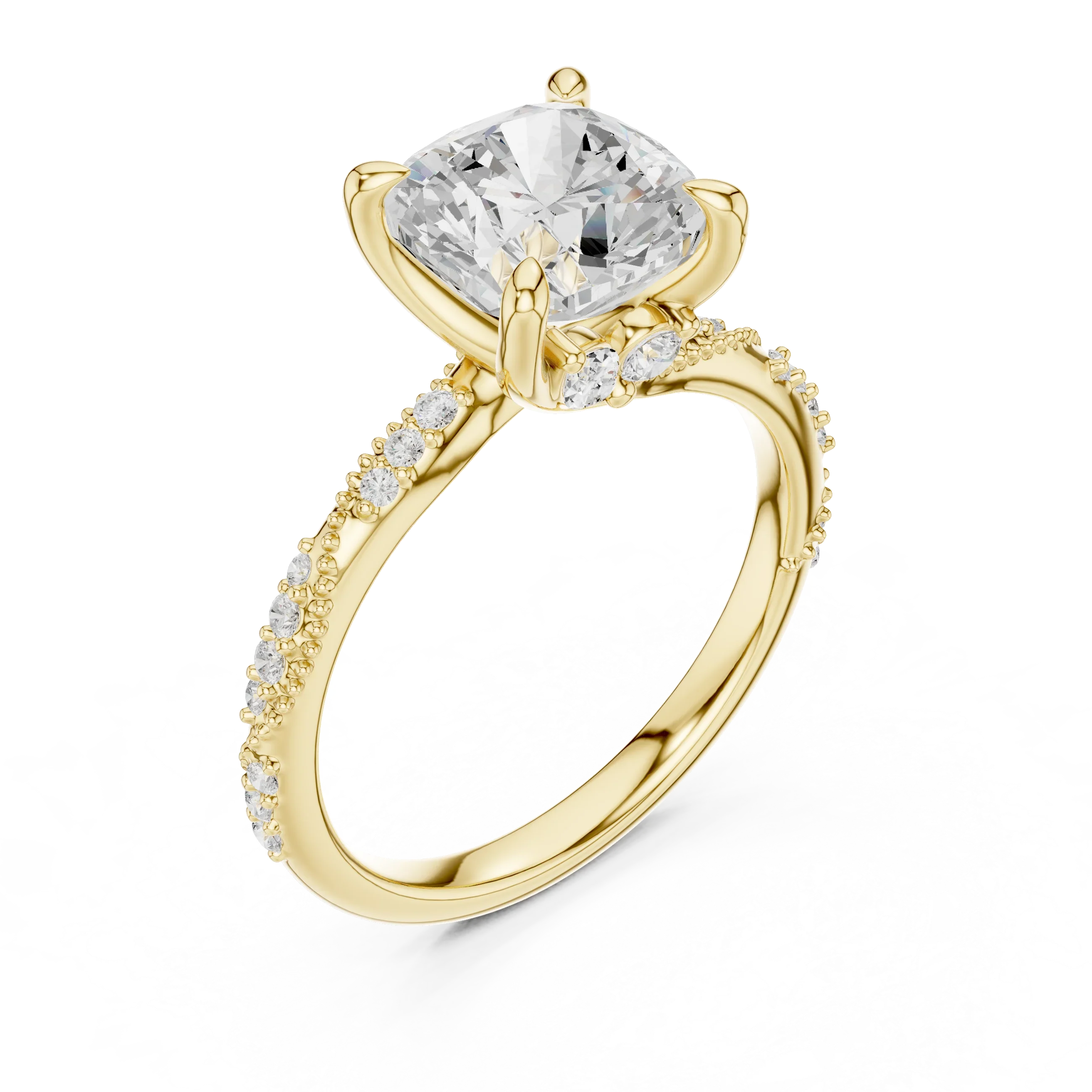 2.93 CTW Cushion Cut Diamond Hidden Halo Twisted Pavé Engagement Ring in 14K Yellow Gold