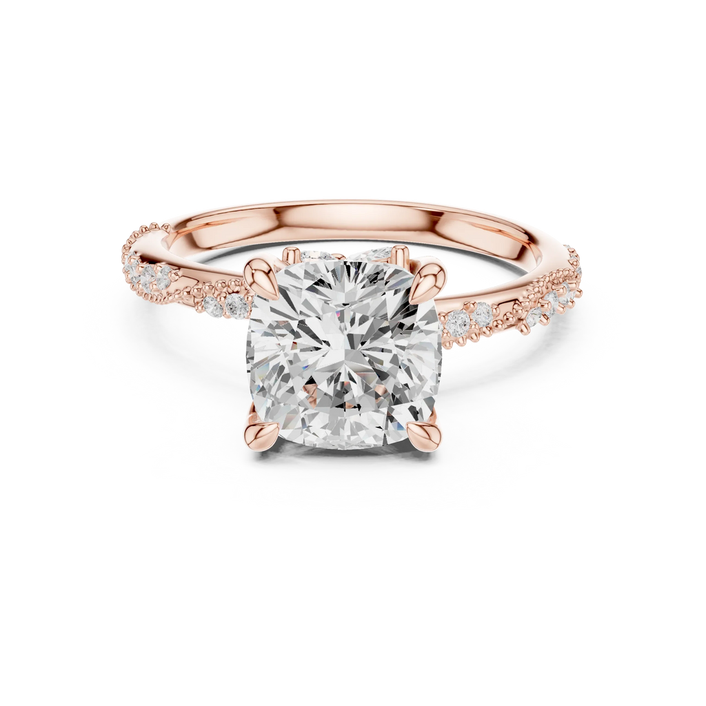 2.93 CTW Cushion Cut Diamond Hidden Halo Twisted Pavé Engagement Ring in 14K Yellow Gold