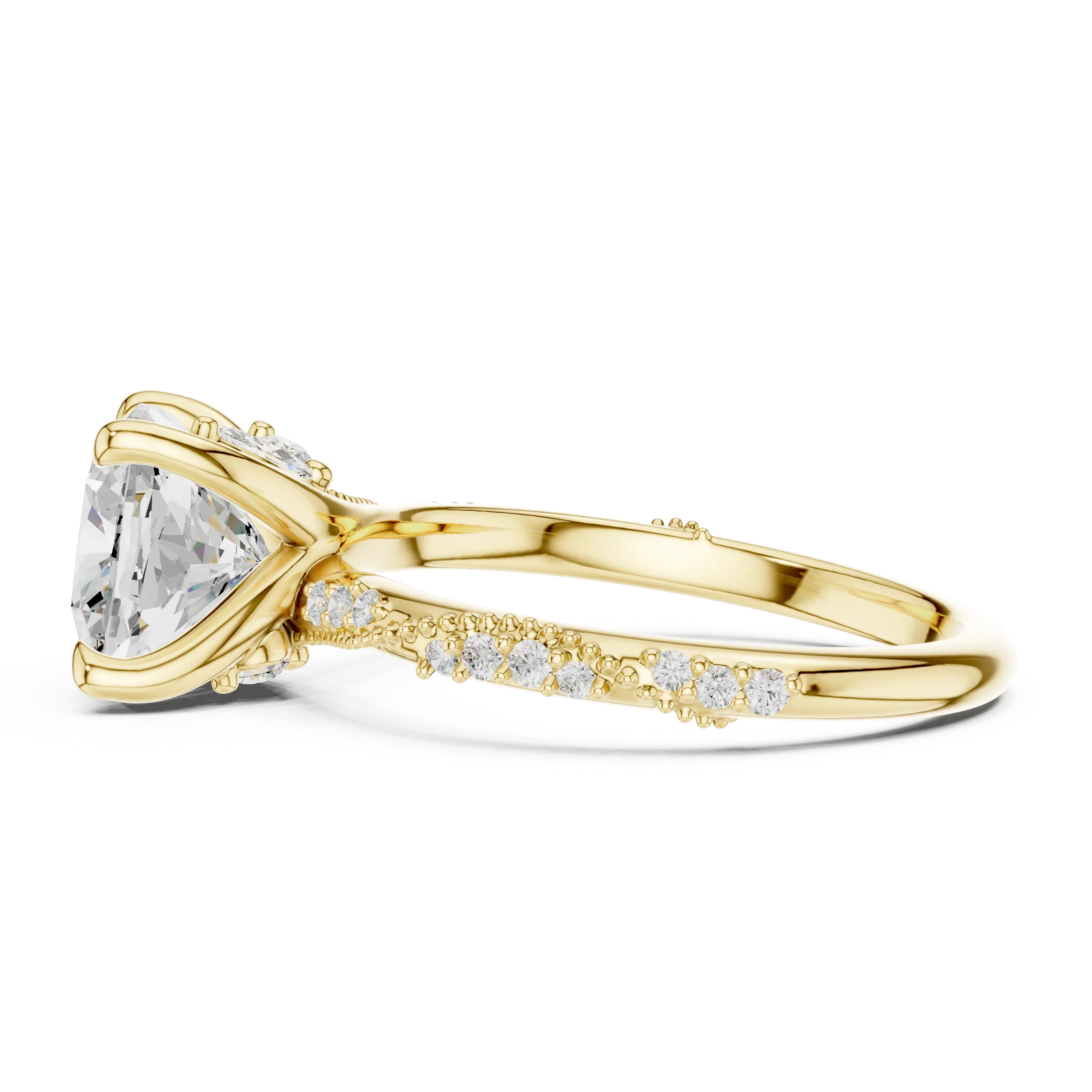 2.93 CTW Cushion Cut Diamond Hidden Halo Twisted Pavé Engagement Ring in 14K Yellow Gold