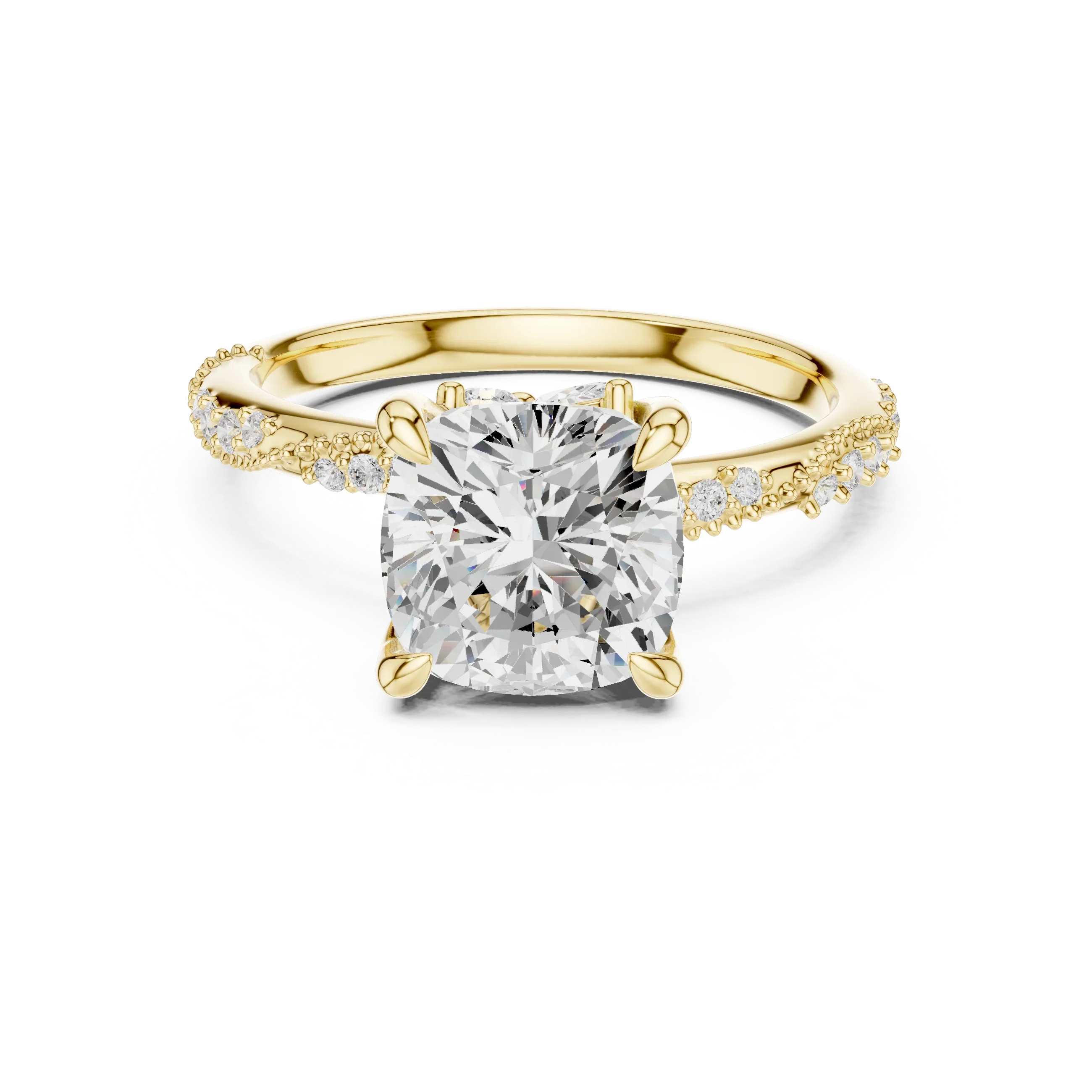 2.93 CTW Cushion Cut Diamond Hidden Halo Twisted Pavé Engagement Ring in 14K Yellow Gold