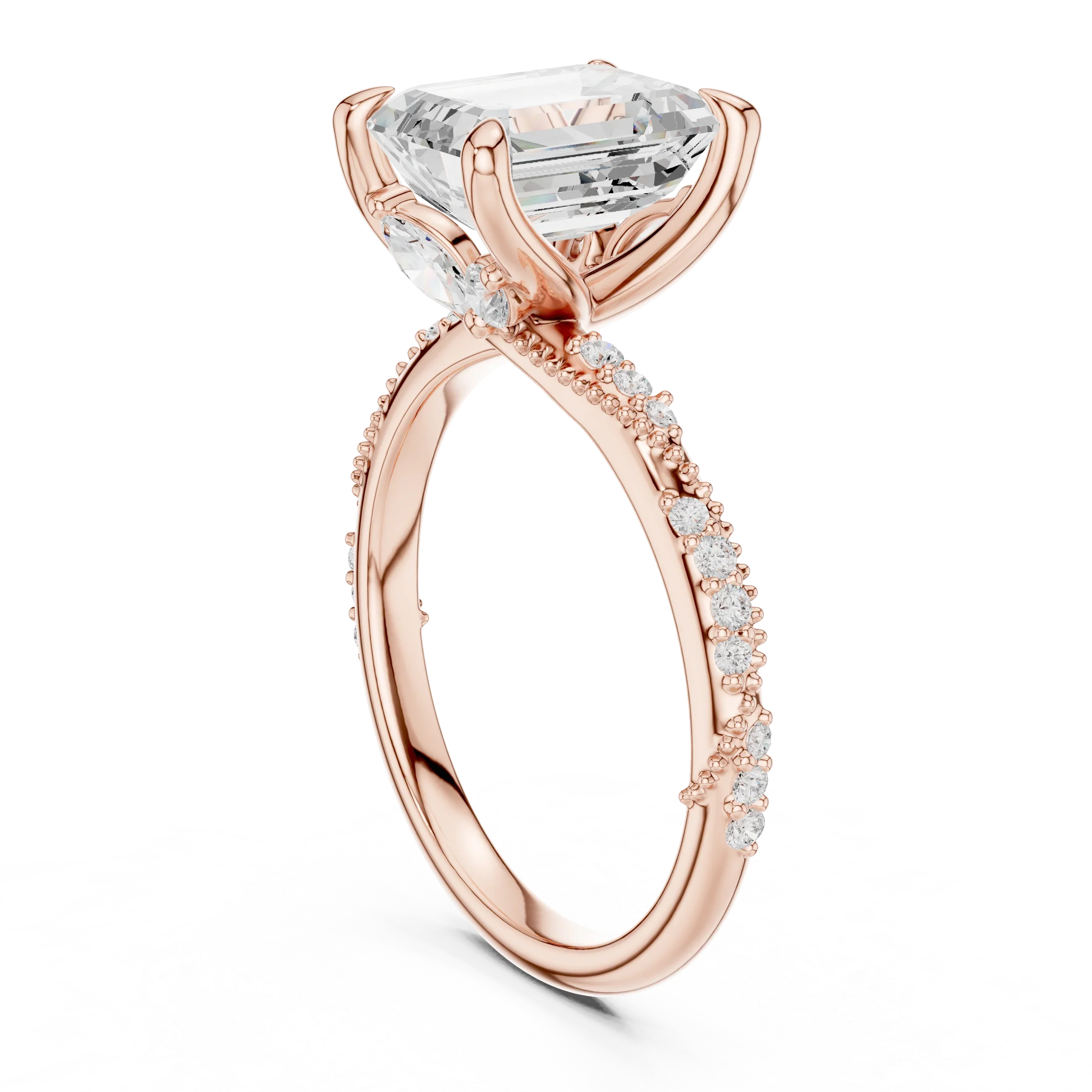 2.93 CTW Emerald Cut Diamond Hidden Halo Twisted Pavé Engagement Ring in 14K Yellow Gold