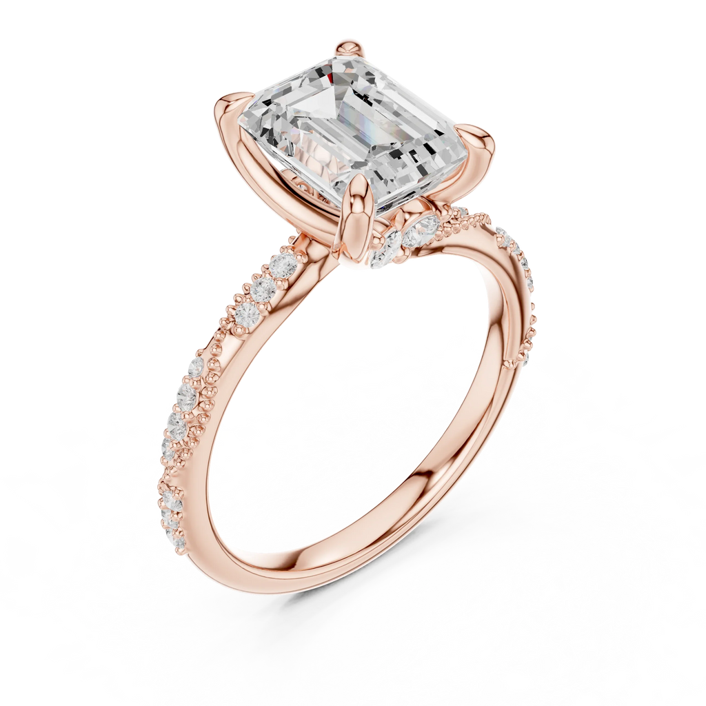 2.93 CTW Emerald Cut Diamond Hidden Halo Twisted Pavé Engagement Ring in 14K Yellow Gold
