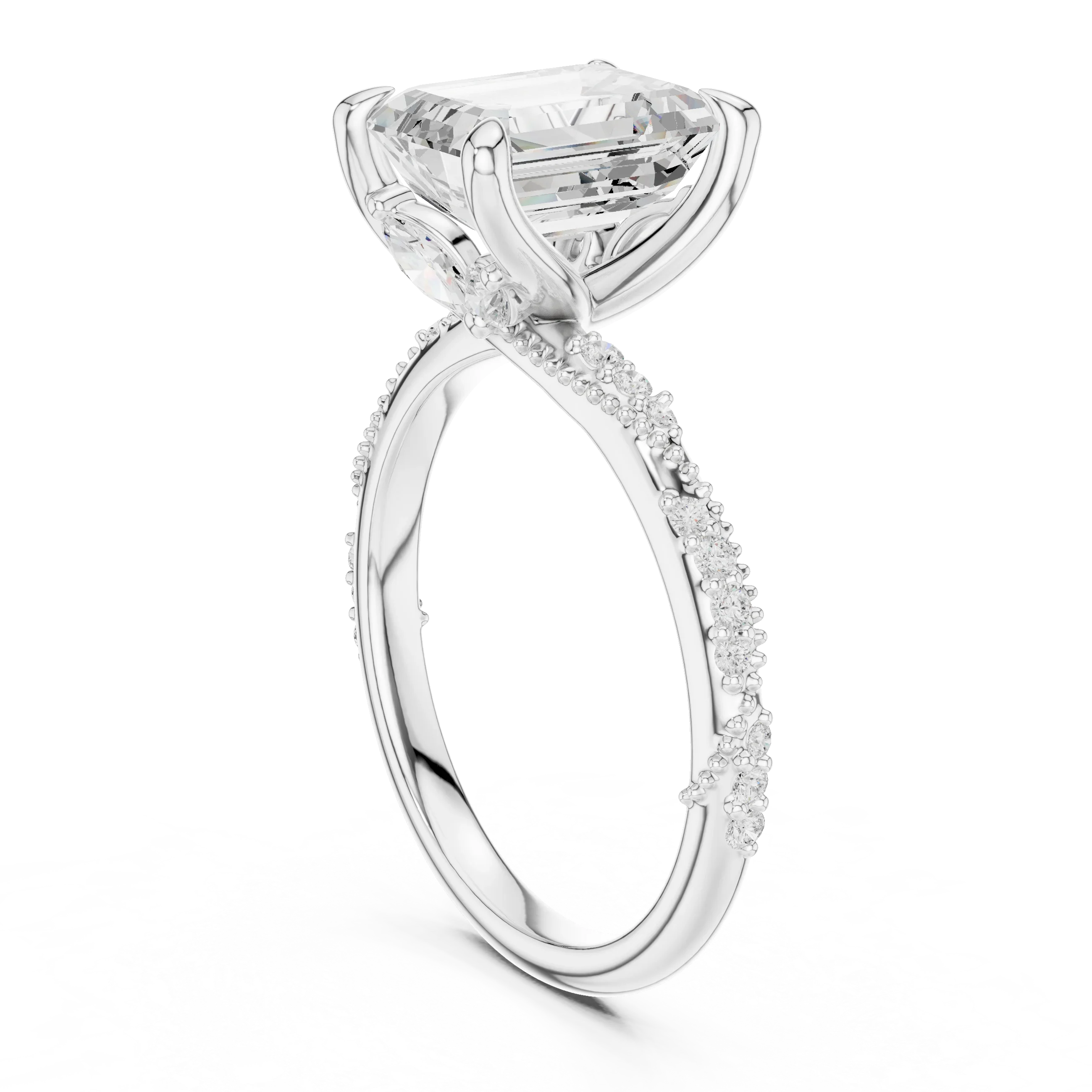 2.93 CTW Emerald Cut Diamond Hidden Halo Twisted Pavé Engagement Ring in 14K Yellow Gold