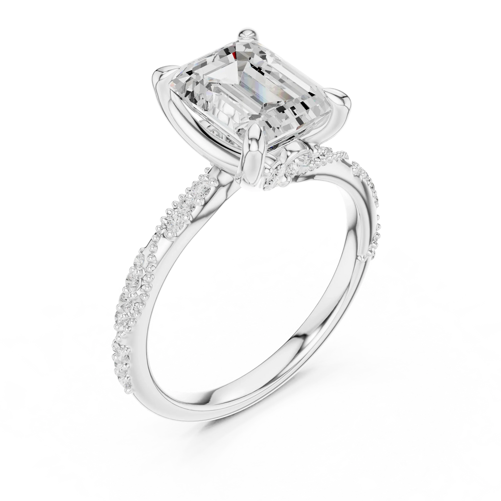 2.93 CTW Emerald Cut Diamond Hidden Halo Twisted Pavé Engagement Ring in 14K Yellow Gold