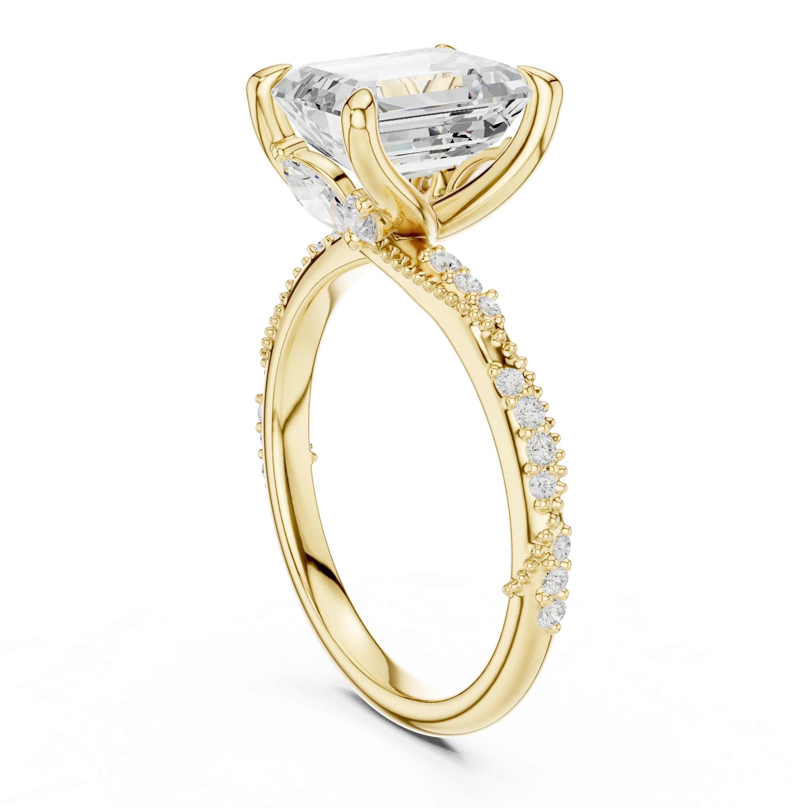 2.93 CTW Emerald Cut Diamond Hidden Halo Twisted Pavé Engagement Ring in 14K Yellow Gold