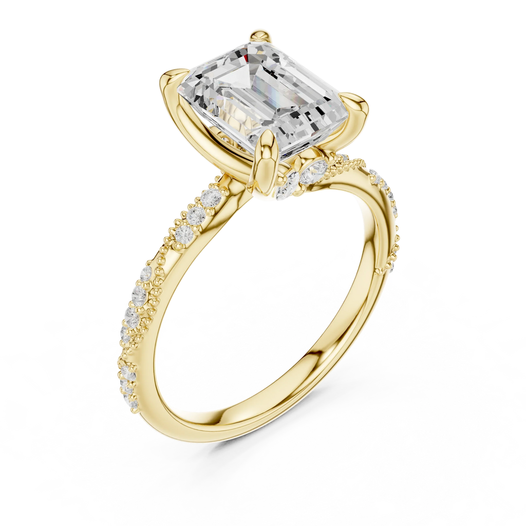 2.93 CTW Emerald Cut Diamond Hidden Halo Twisted Pavé Engagement Ring in 14K Yellow Gold