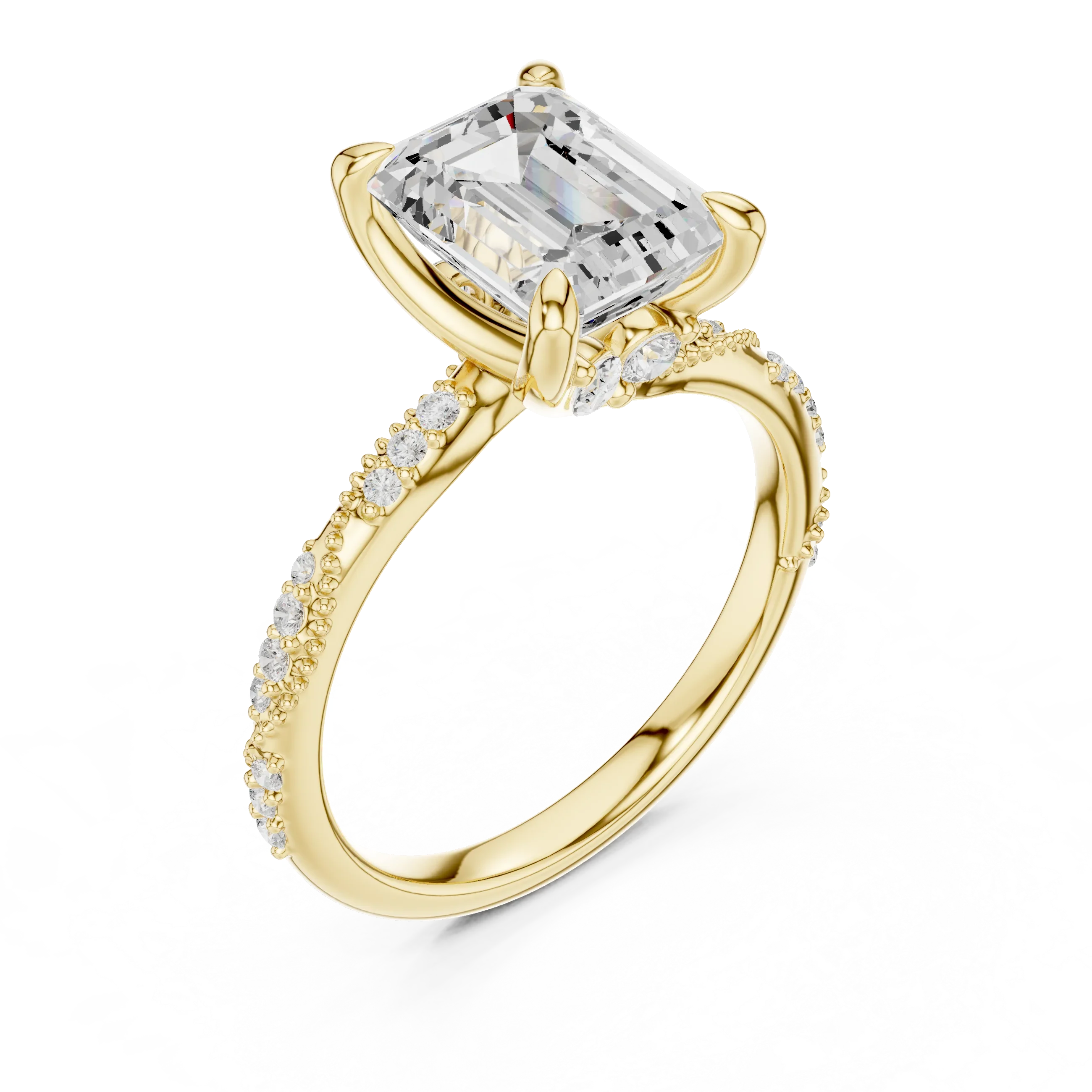 2.93 CTW Emerald Cut Diamond Hidden Halo Twisted Pavé Engagement Ring in 14K Yellow Gold