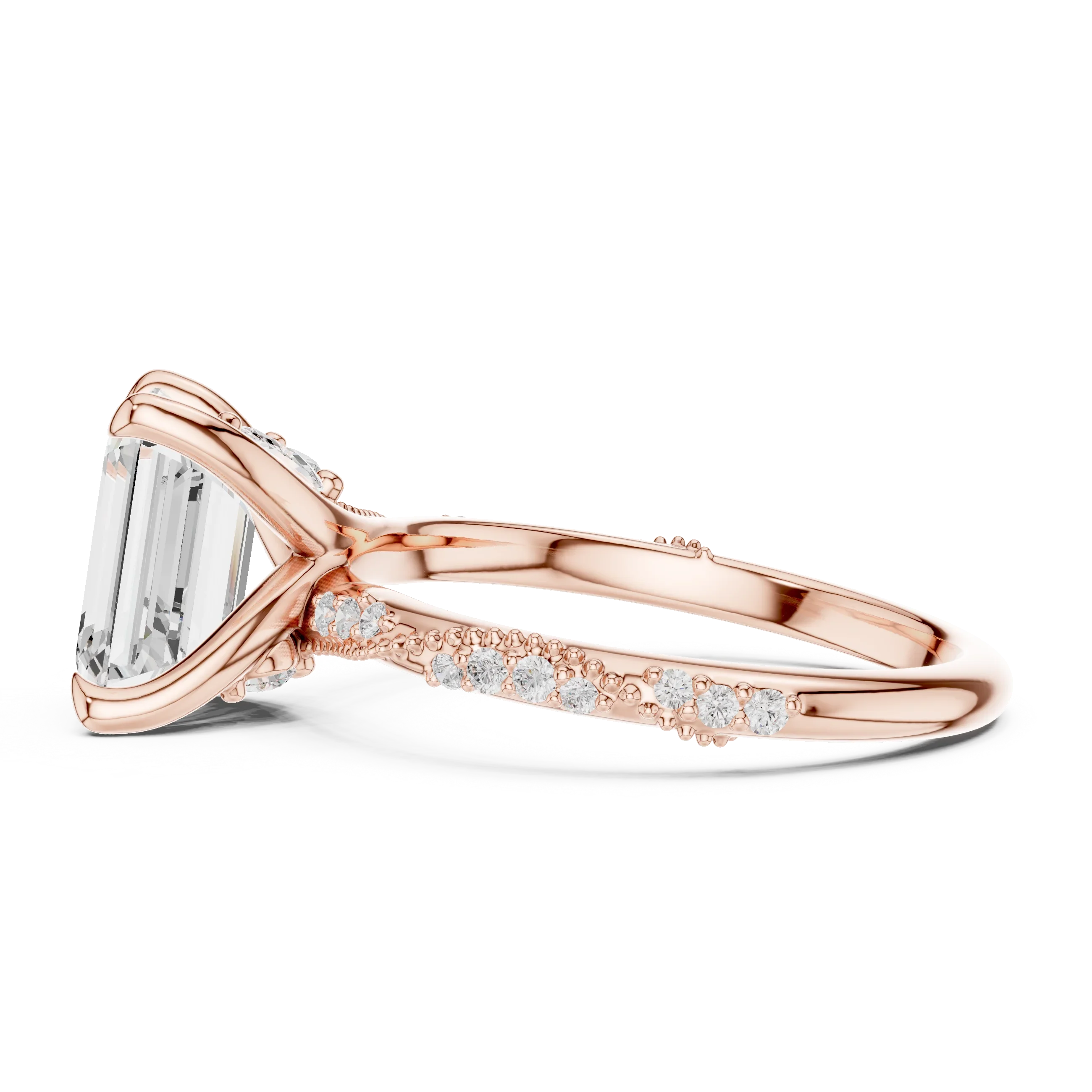 2.93 CTW Emerald Cut Diamond Hidden Halo Twisted Pavé Engagement Ring in 14K Yellow Gold