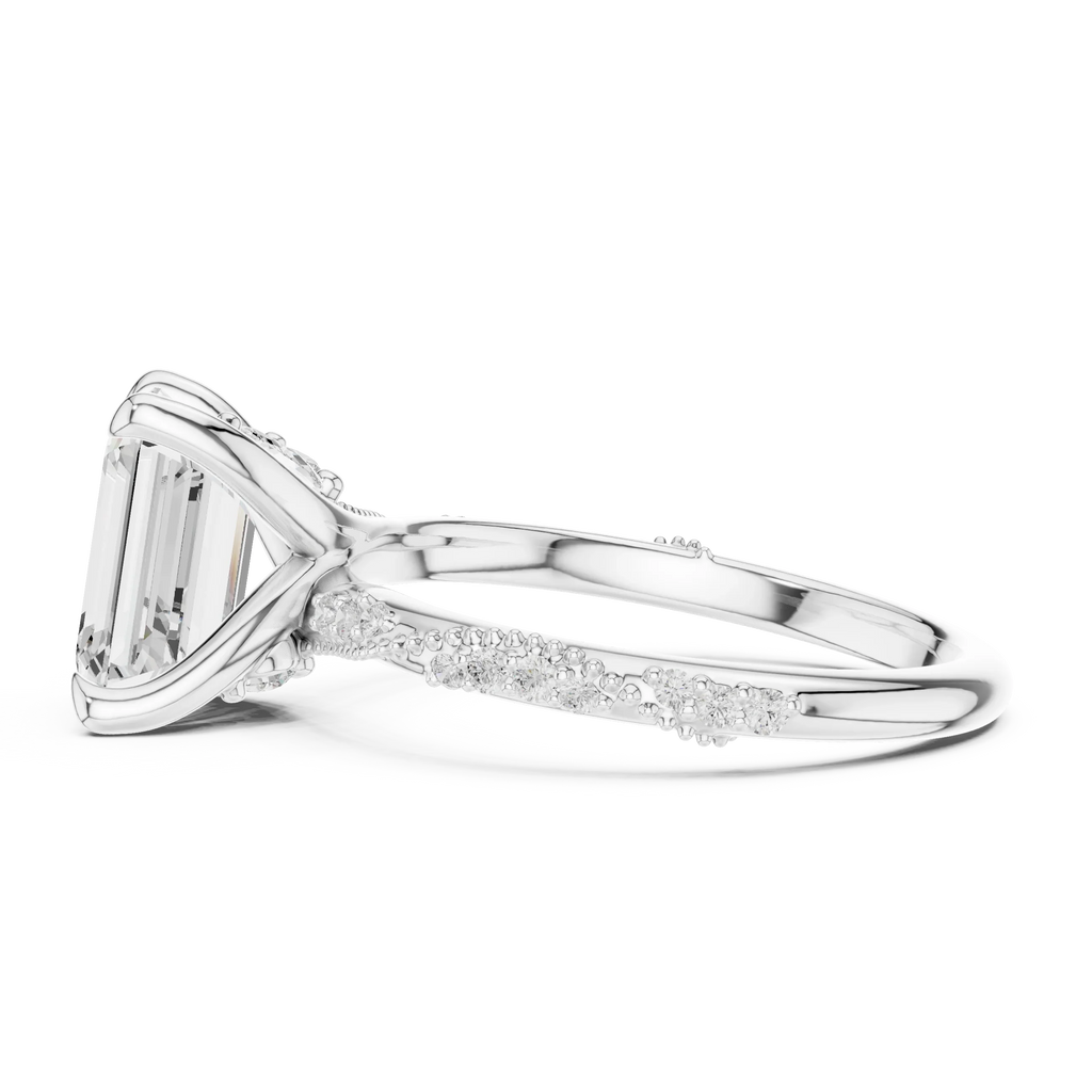 2.93 CTW Emerald Cut Diamond Hidden Halo Twisted Pavé Engagement Ring in 14K Yellow Gold