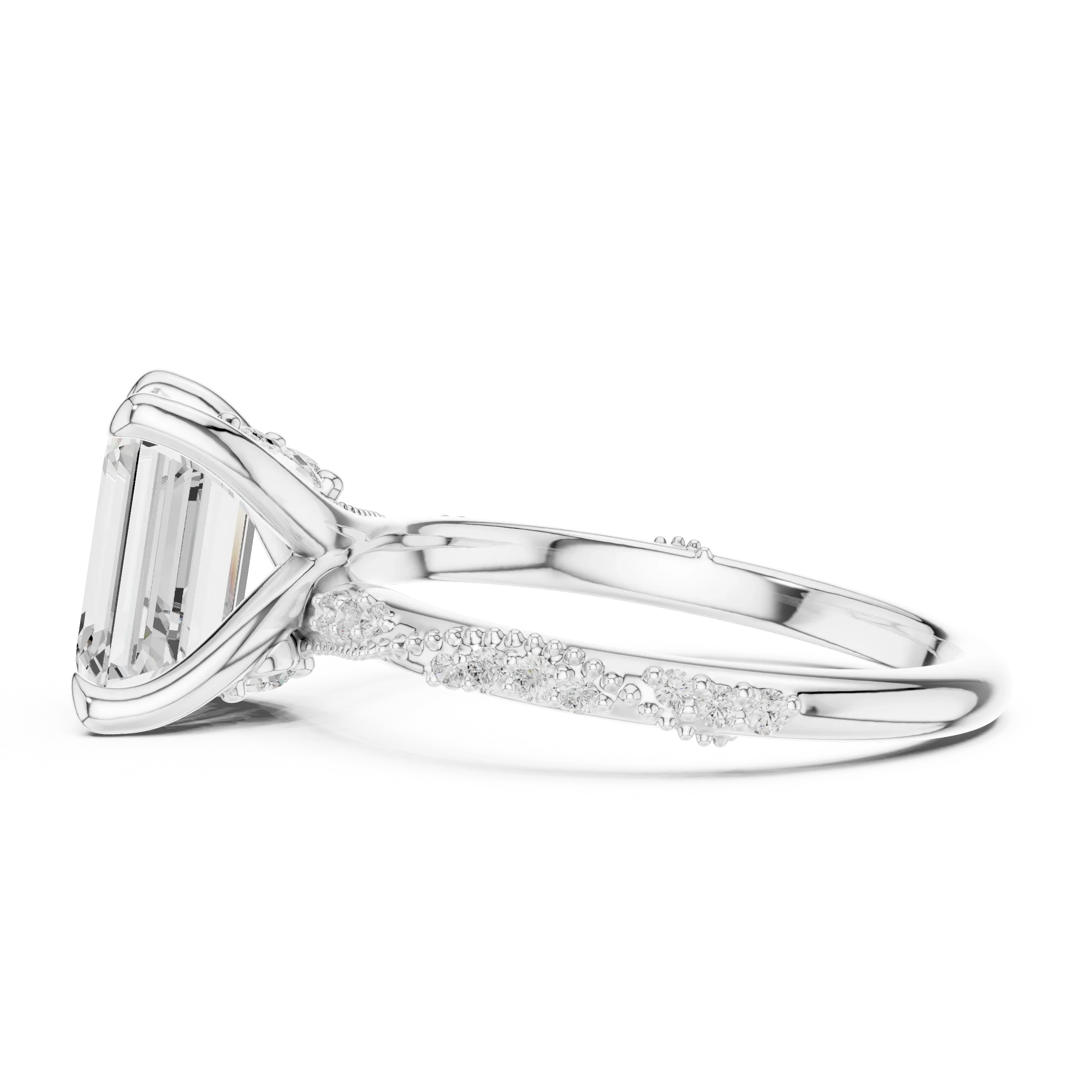 2.93 CTW Emerald Cut Diamond Hidden Halo Twisted Pavé Engagement Ring in 14K Yellow Gold