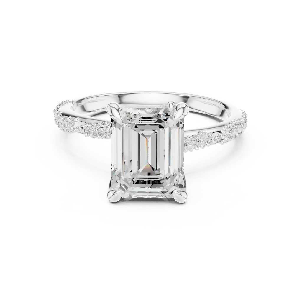 2.93 CTW Emerald Cut Diamond Hidden Halo Twisted Pavé Engagement Ring in 14K Yellow Gold