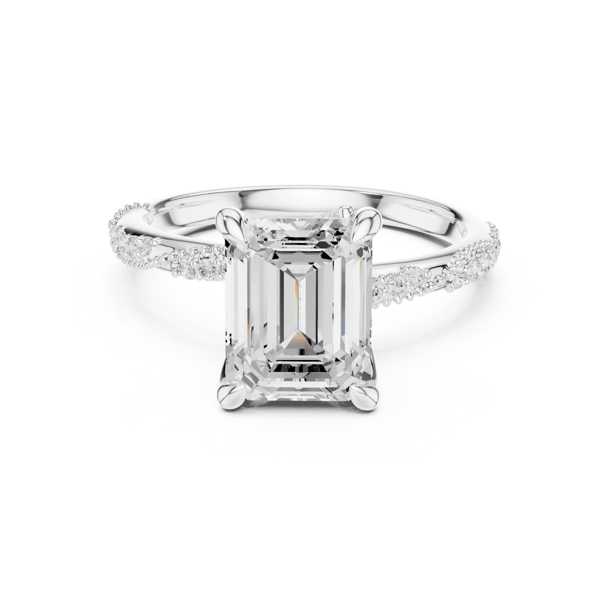 2.93 CTW Emerald Cut Diamond Hidden Halo Twisted Pavé Engagement Ring in 14K Yellow Gold