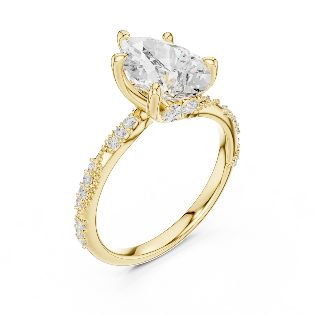 2.93 CTW Pear Cut Diamond Hidden Halo Twisted Pavé Engagement Ring in 14K Yellow Gold