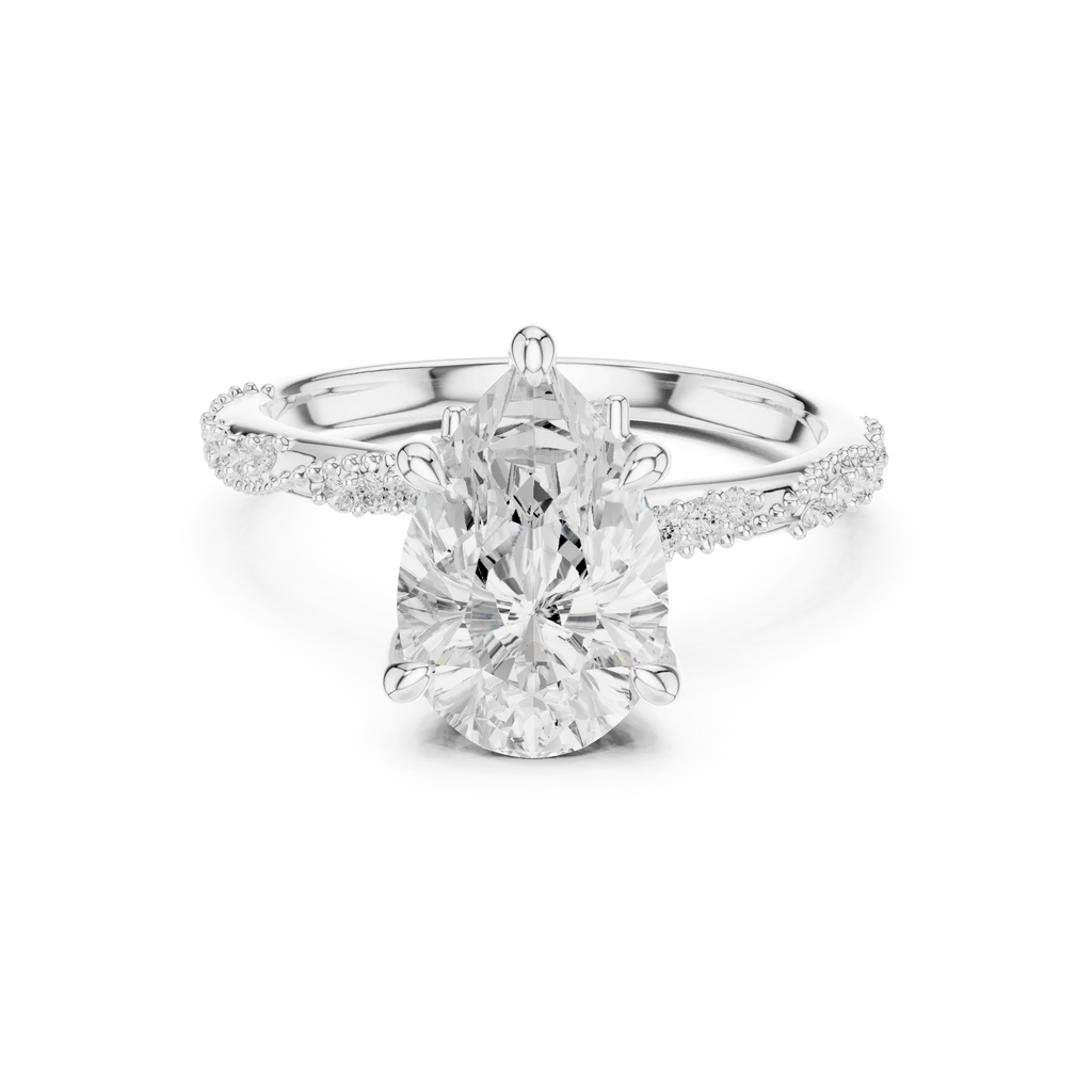 2.93 CTW Pear Cut Diamond Hidden Halo Twisted Pavé Engagement Ring in 14K Yellow Gold