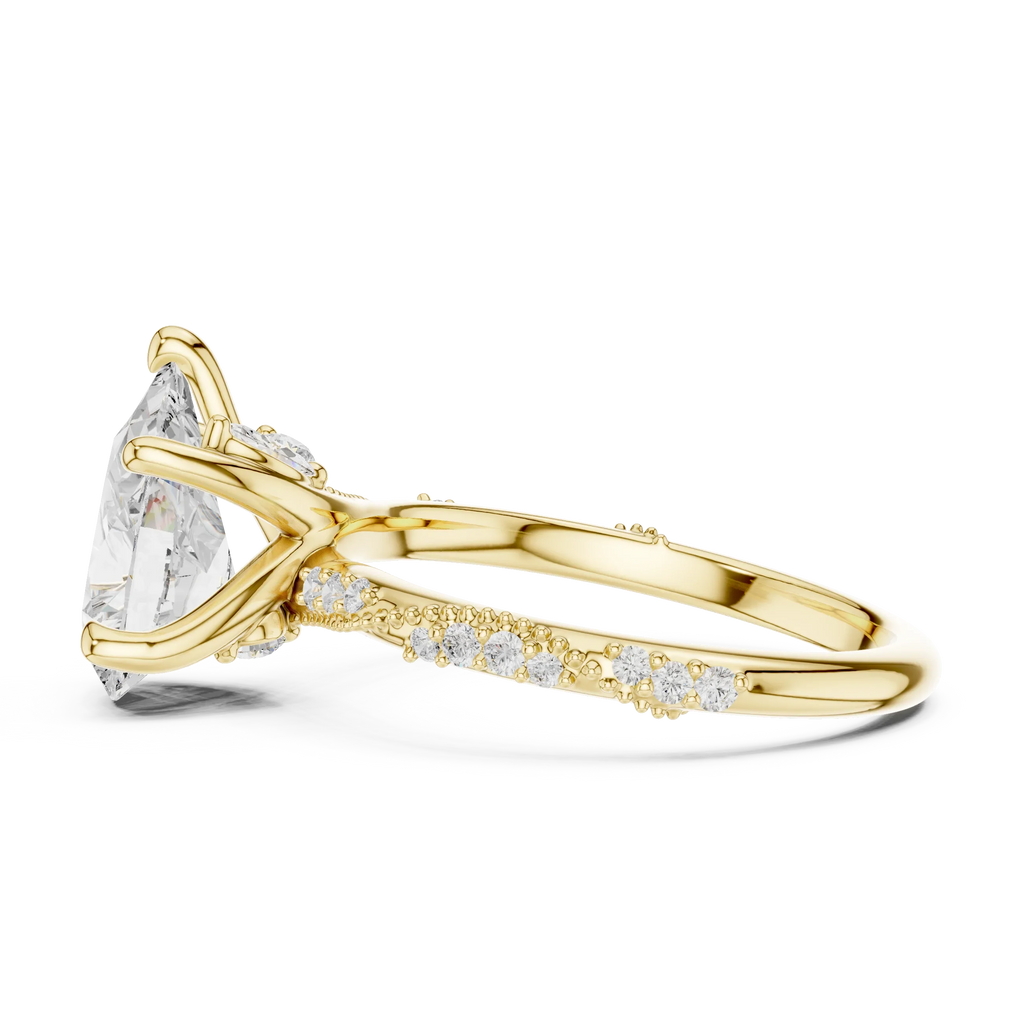 2.93 CTW Pear Cut Diamond Hidden Halo Twisted Pavé Engagement Ring in 14K Yellow Gold