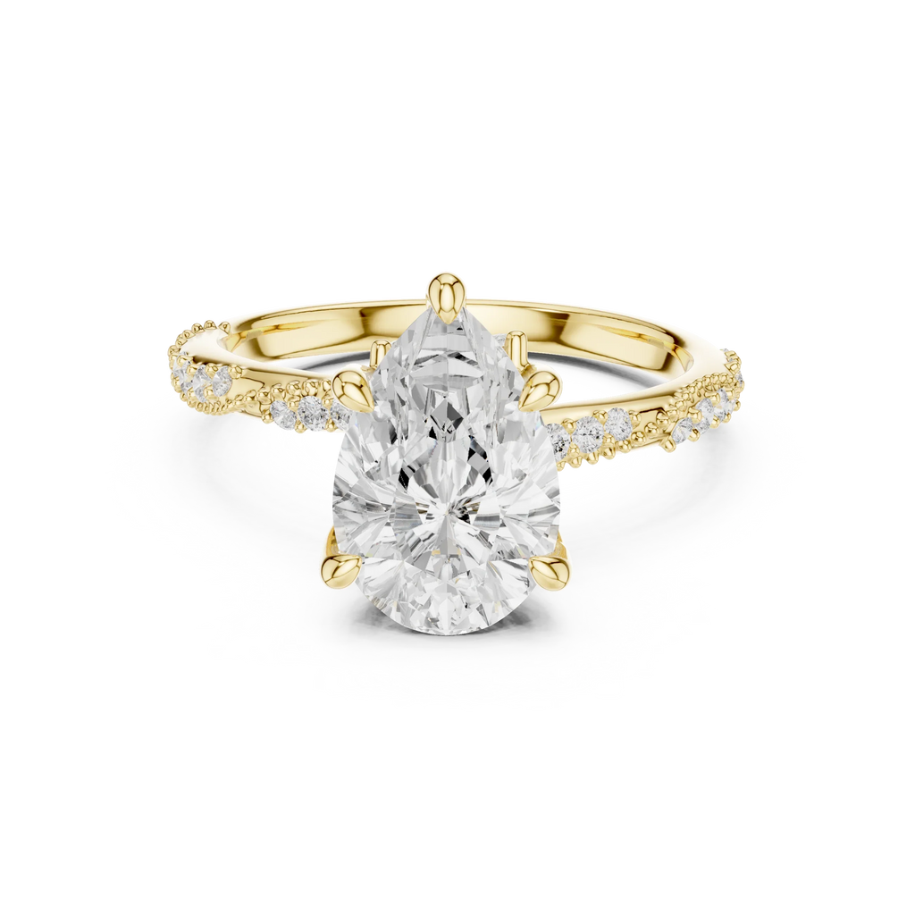 2.93 CTW Pear Cut Diamond Hidden Halo Twisted Pavé Engagement Ring in 14K Yellow Gold