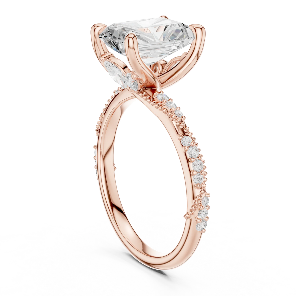 2.93 CTW Radiant Cut Diamond Hidden Halo Twisted Pavé Engagement Ring in 14K Yellow Gold
