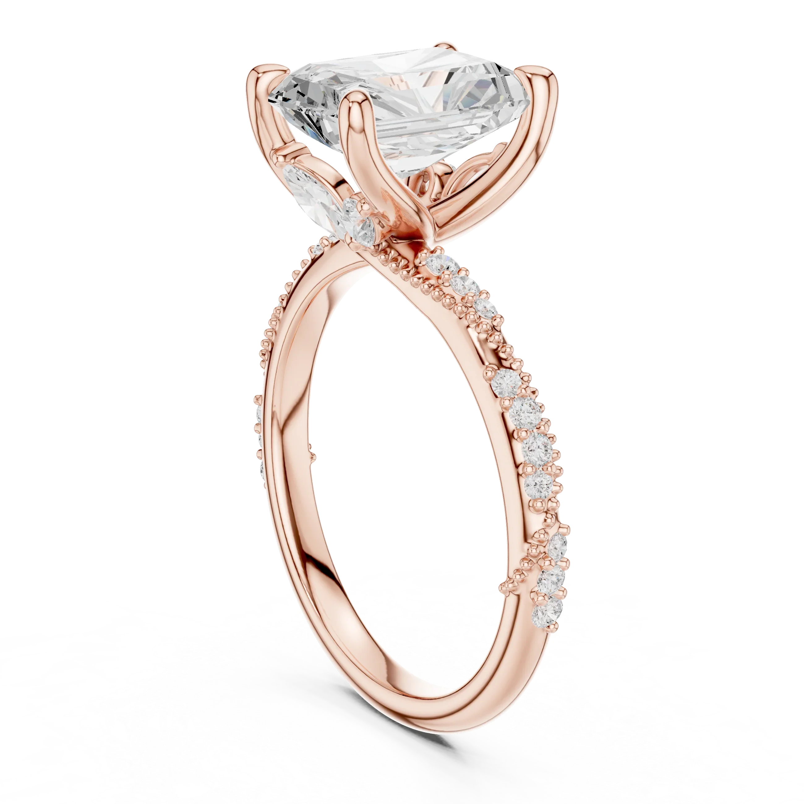 2.93 CTW Radiant Cut Diamond Hidden Halo Twisted Pavé Engagement Ring in 14K Yellow Gold