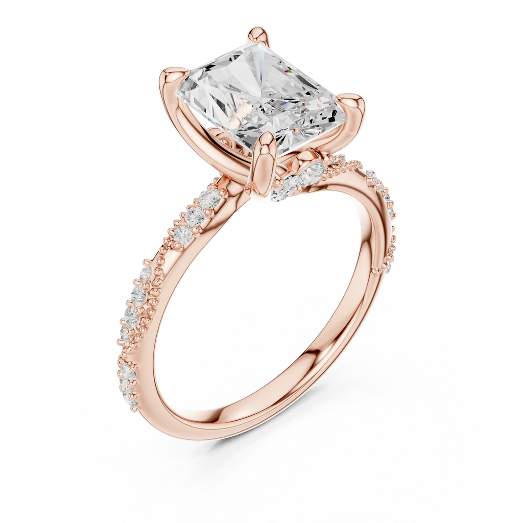 2.93 CTW Radiant Cut Diamond Hidden Halo Twisted Pavé Engagement Ring in 14K Yellow Gold