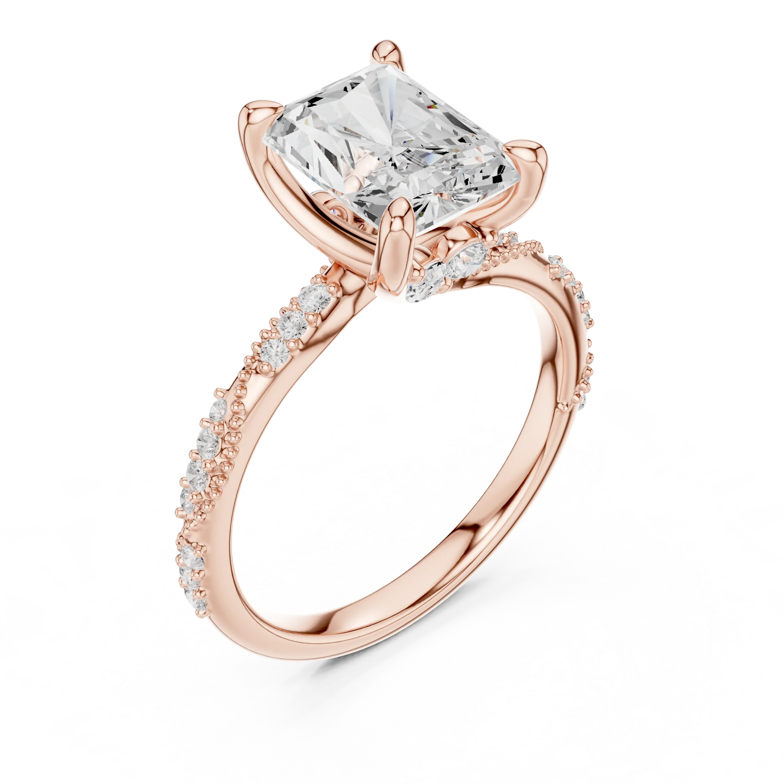 2.93 CTW Radiant Cut Diamond Hidden Halo Twisted Pavé Engagement Ring in 14K Yellow Gold