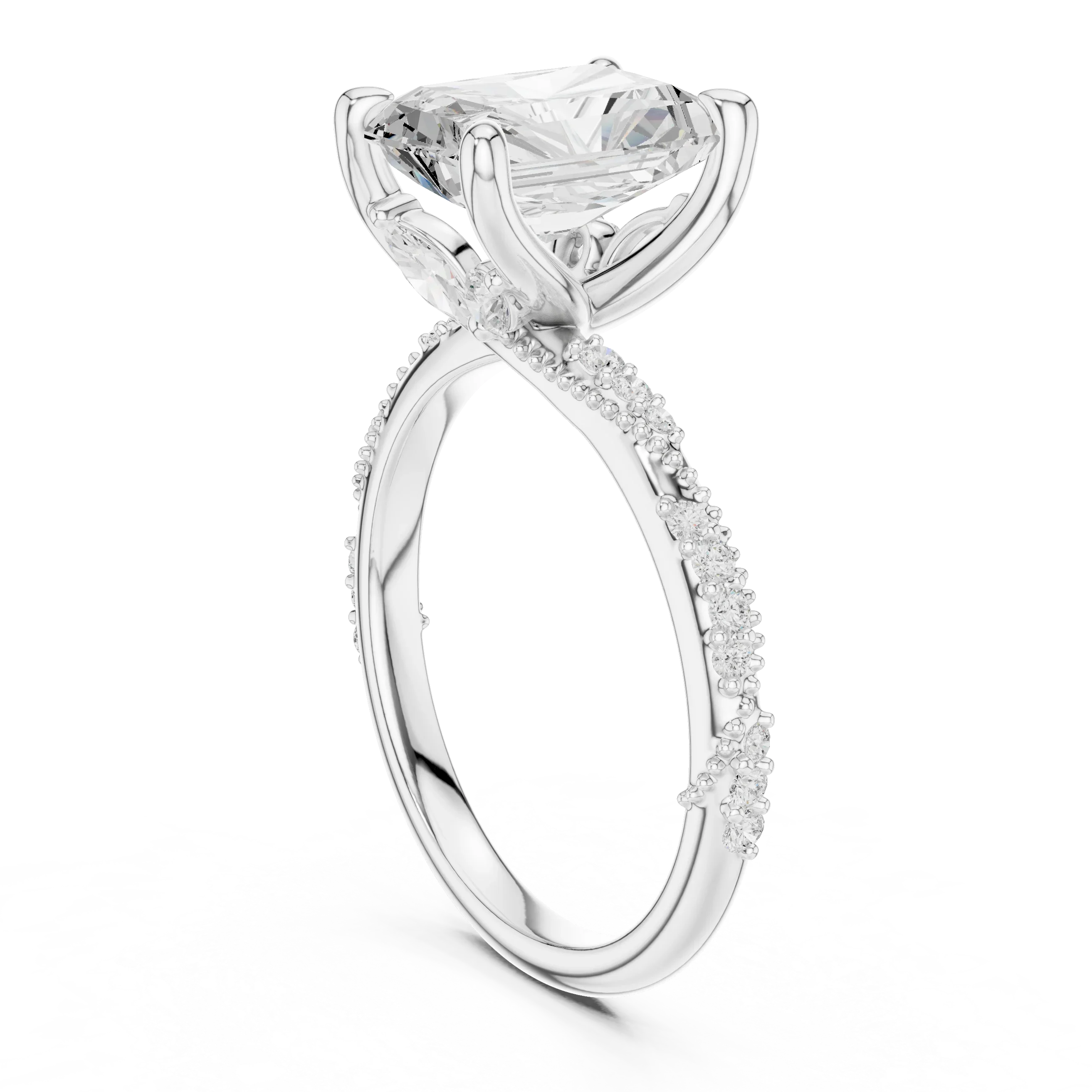 2.93 CTW Radiant Cut Diamond Hidden Halo Twisted Pavé Engagement Ring in 14K Yellow Gold