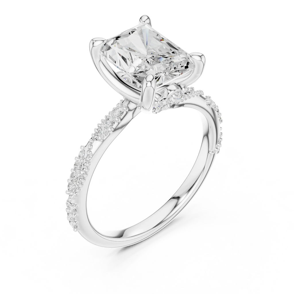 2.93 CTW Radiant Cut Diamond Hidden Halo Twisted Pavé Engagement Ring in 14K Yellow Gold