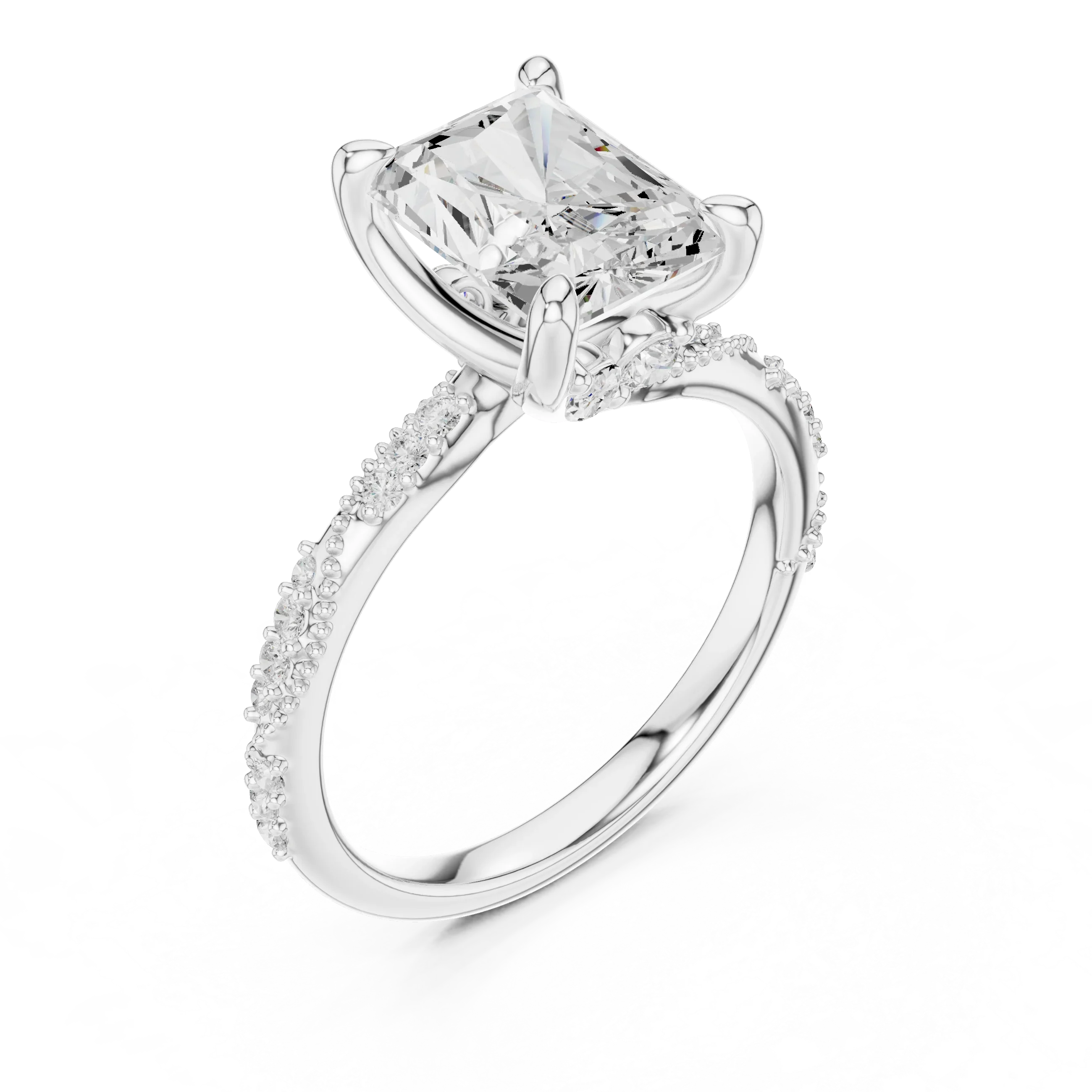 2.93 CTW Radiant Cut Diamond Hidden Halo Twisted Pavé Engagement Ring in 14K Yellow Gold