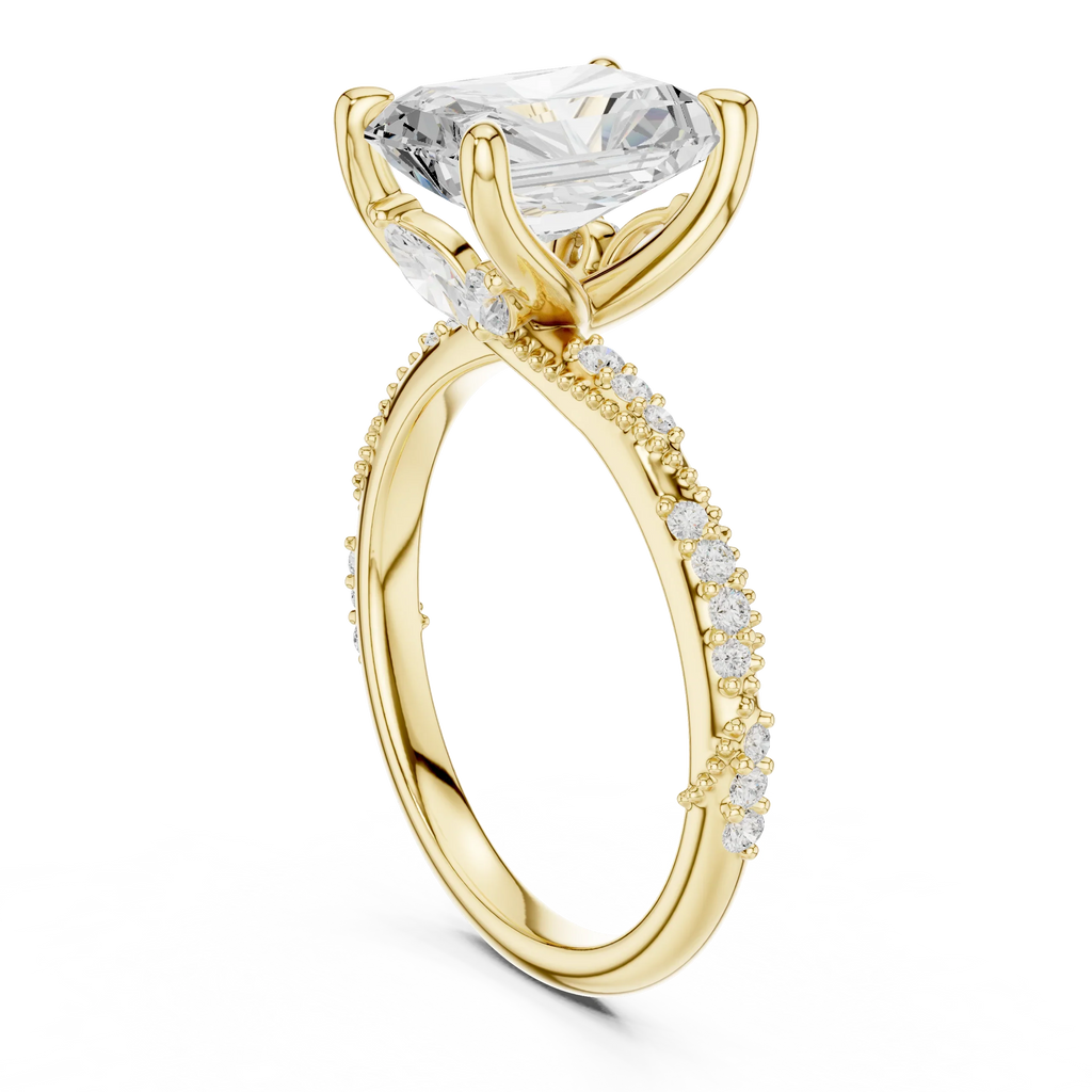 2.93 CTW Radiant Cut Diamond Hidden Halo Twisted Pavé Engagement Ring in 14K Yellow Gold
