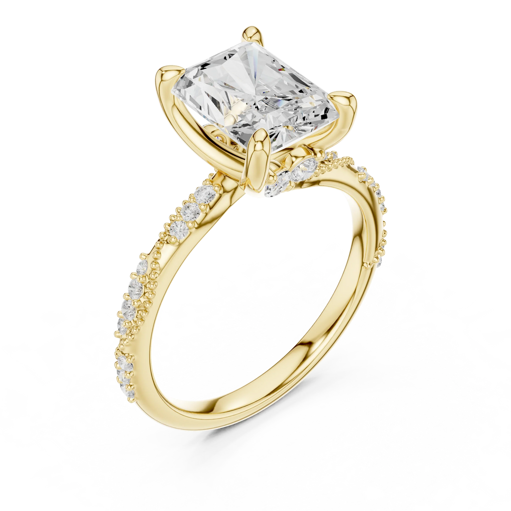 2.93 CTW Radiant Cut Diamond Hidden Halo Twisted Pavé Engagement Ring in 14K Yellow Gold
