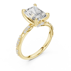 2.93 CTW Radiant Cut Diamond Hidden Halo Twisted Pavé Engagement Ring in 14K Yellow Gold