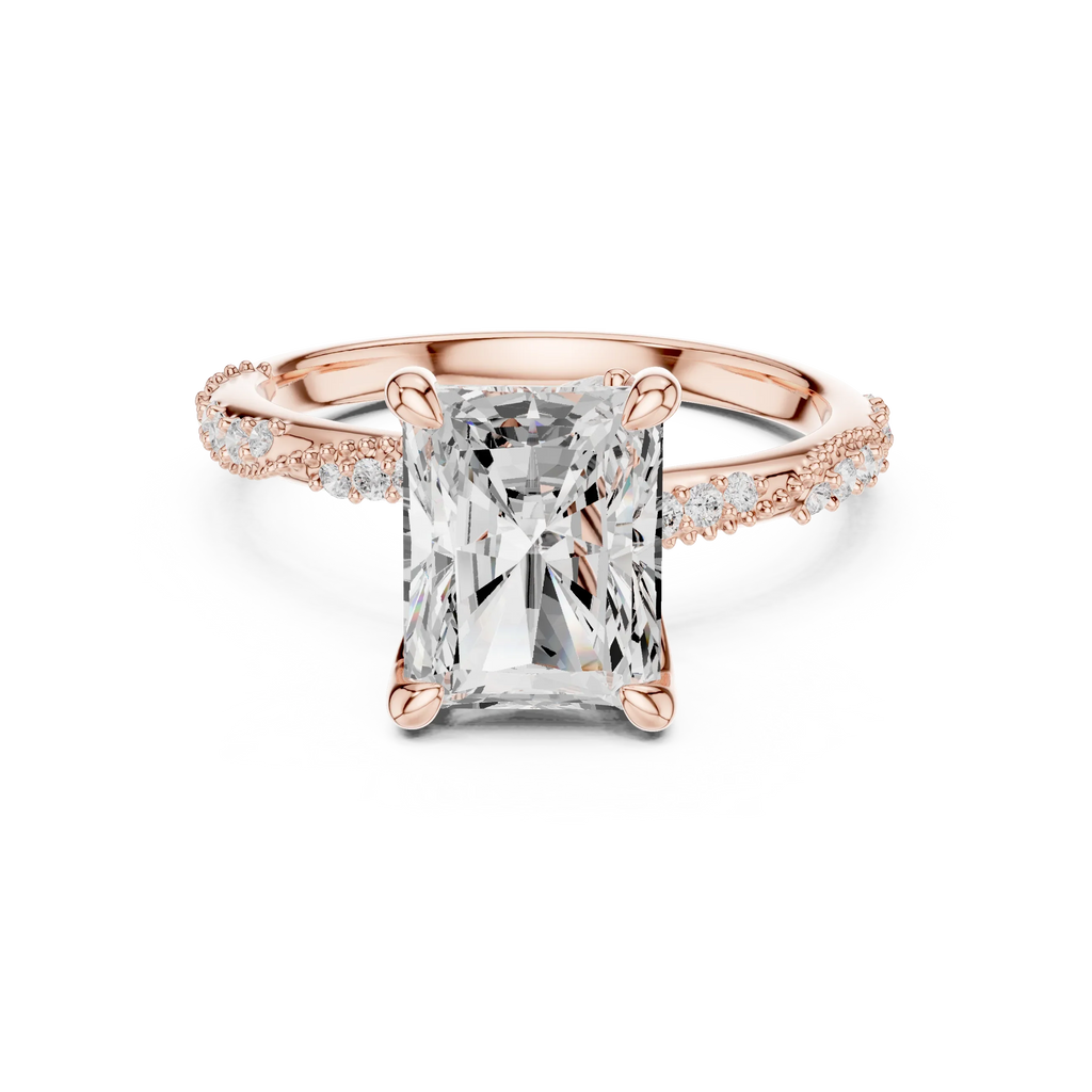 2.93 CTW Radiant Cut Diamond Hidden Halo Twisted Pavé Engagement Ring in 14K Yellow Gold
