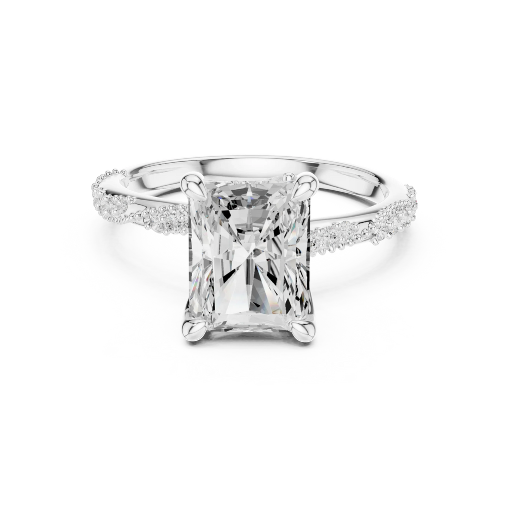 2.93 CTW Radiant Cut Diamond Hidden Halo Twisted Pavé Engagement Ring in 14K Yellow Gold