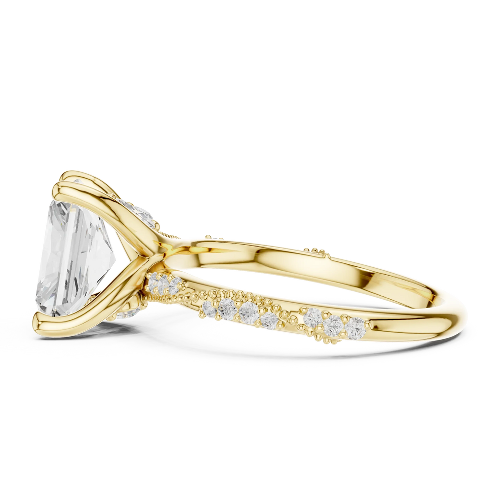 2.93 CTW Radiant Cut Diamond Hidden Halo Twisted Pavé Engagement Ring in 14K Yellow Gold