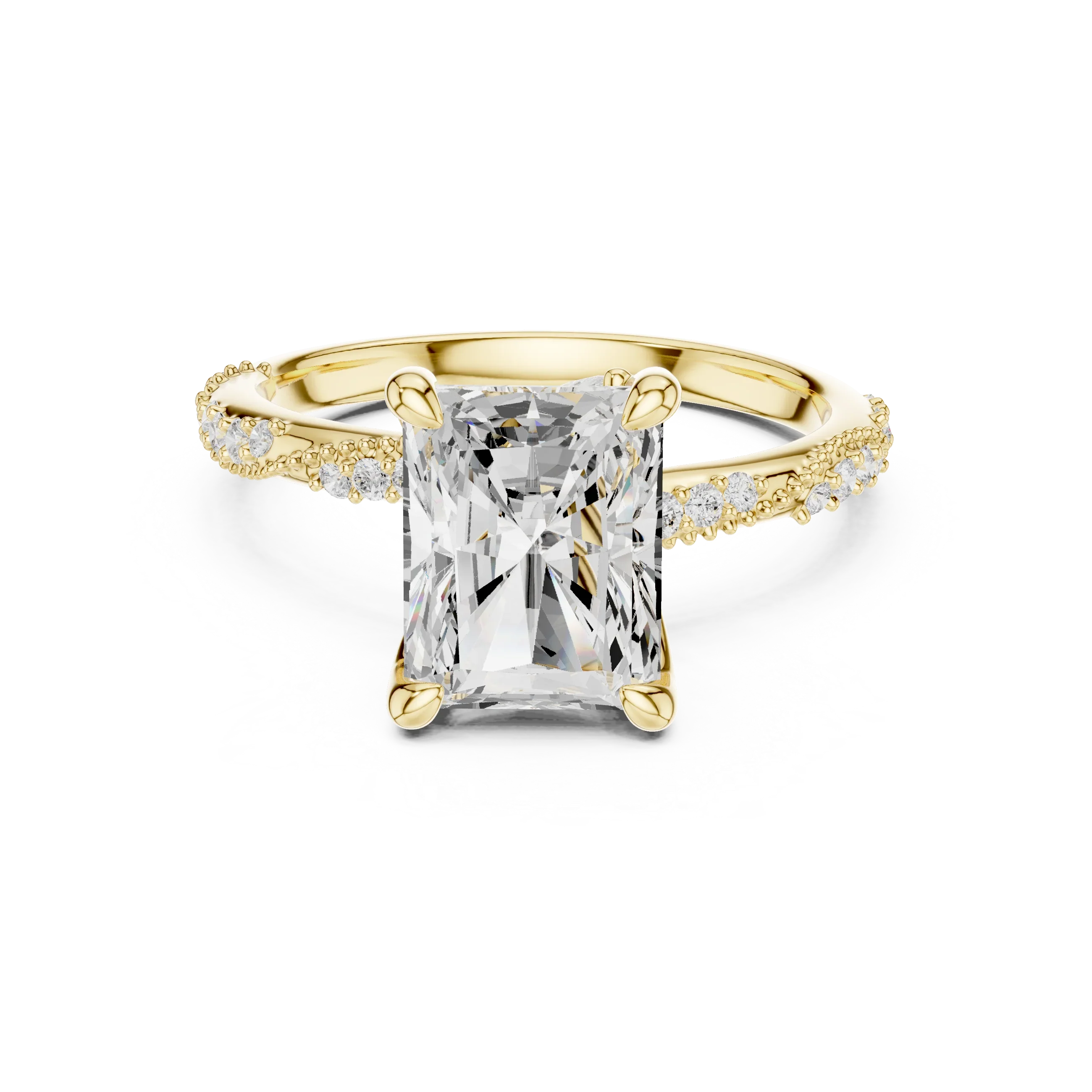 2.93 CTW Radiant Cut Diamond Hidden Halo Twisted Pavé Engagement Ring in 14K Yellow Gold